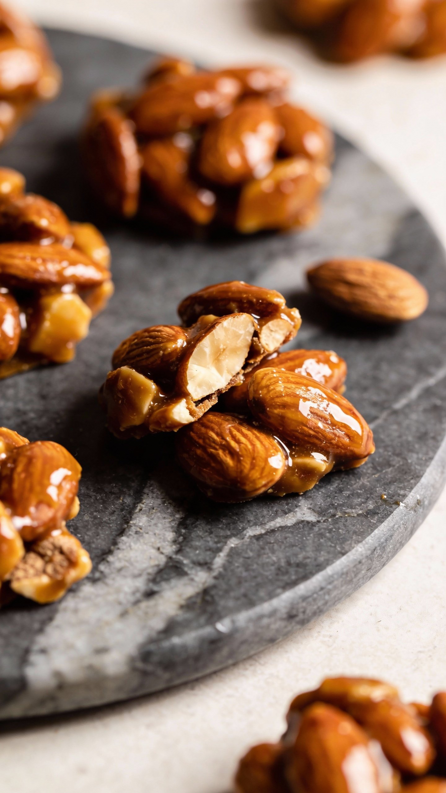 Macro shot of glossy keto almond cluster on slate plate