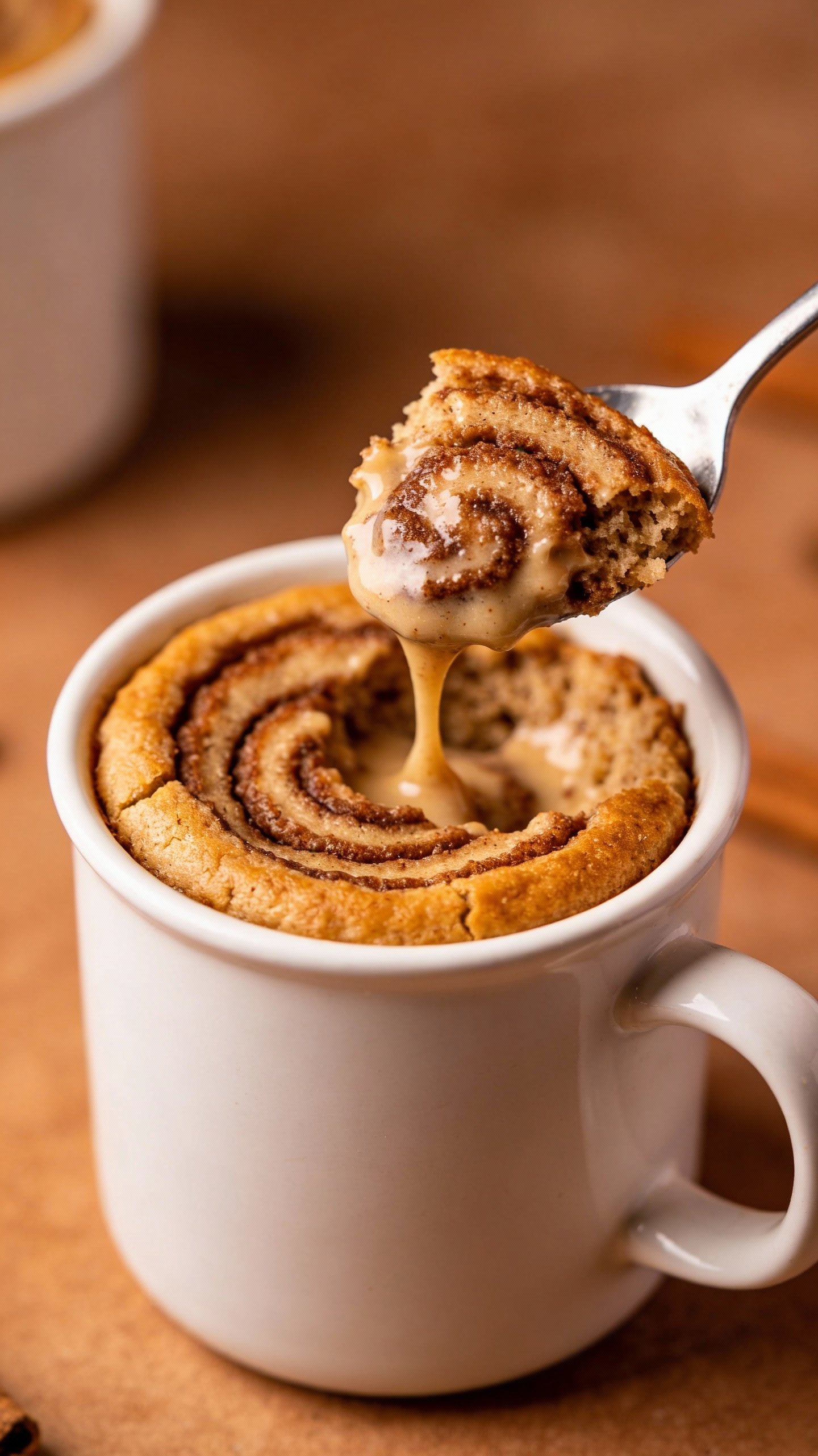 spoonful of keto cinnamon swirl mug cake, gooey center