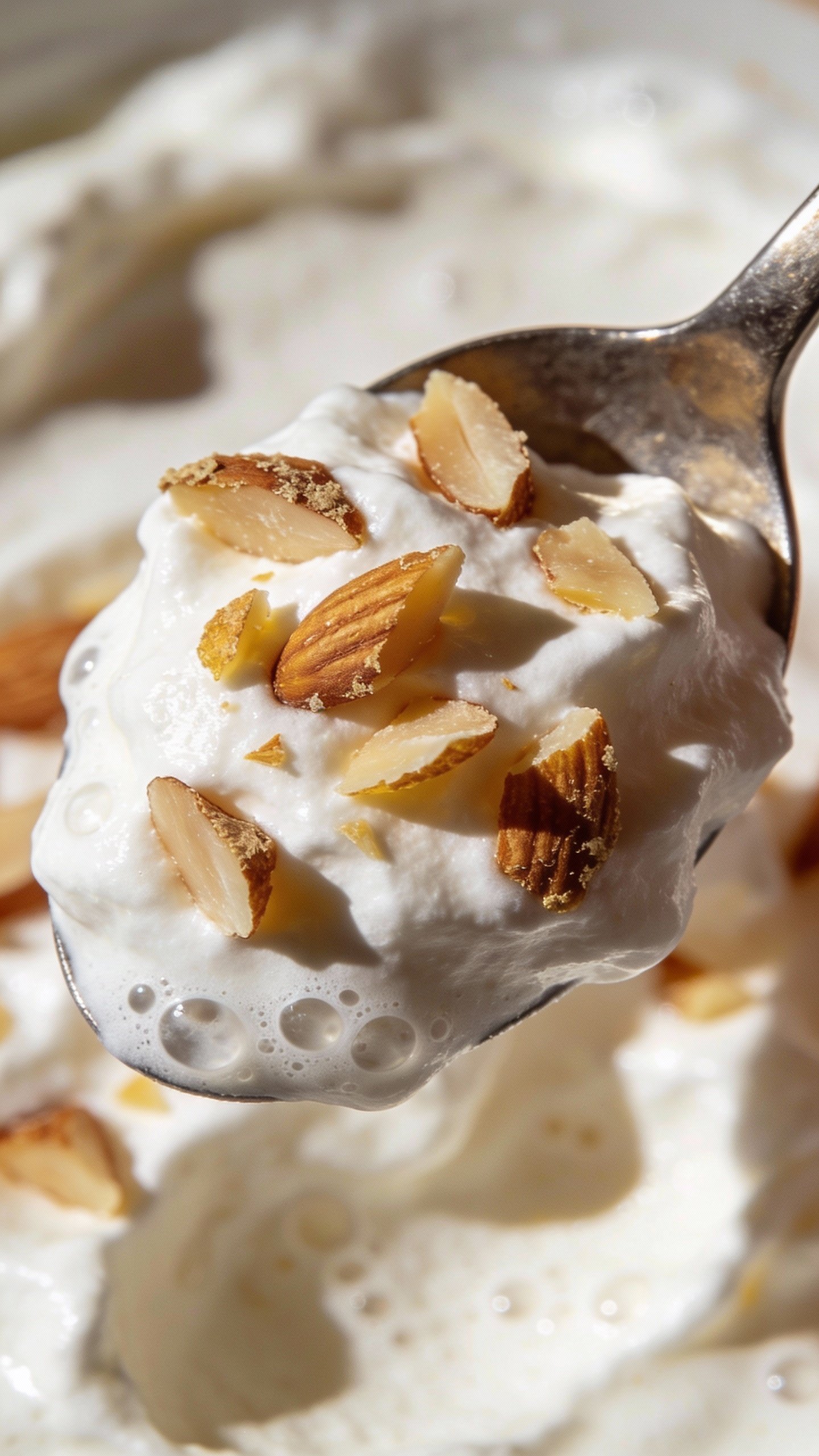 spoonful of whipped cream with chopped almonds, macro shot