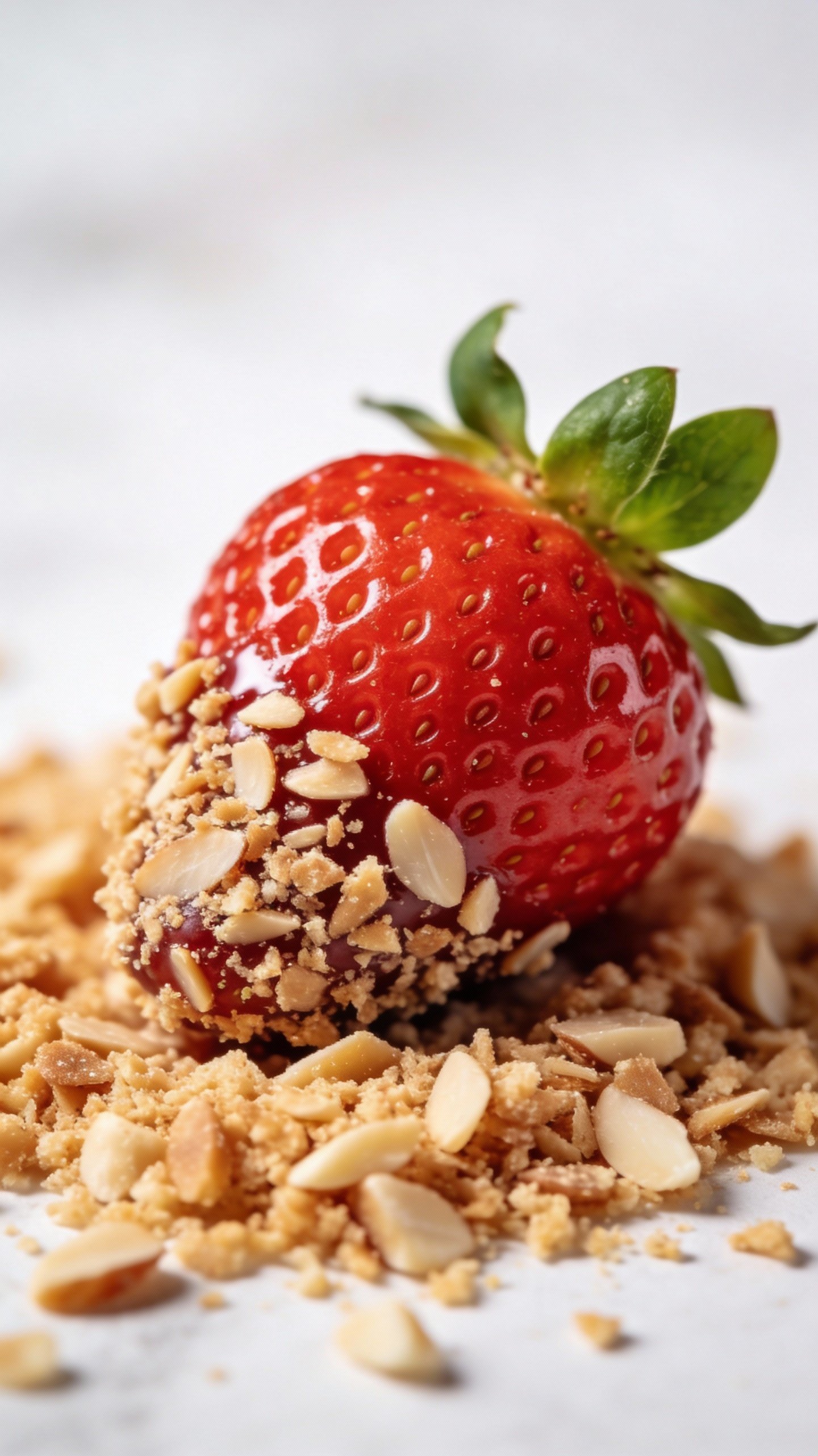 single fresh strawberry dipped in almond crumbs, studio lighting
