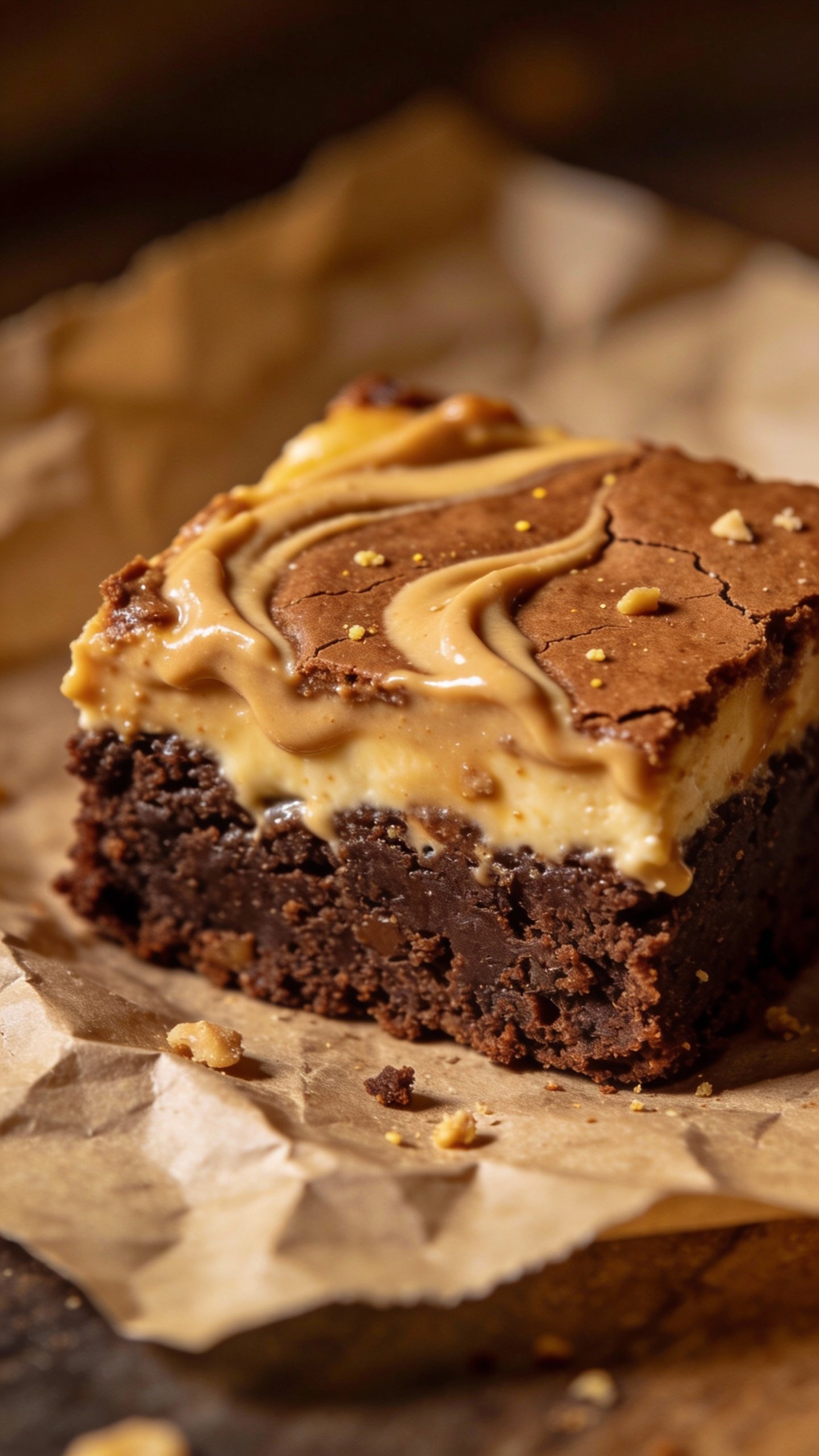 closeup keto peanut butter cheesecake brownie square on parchment
