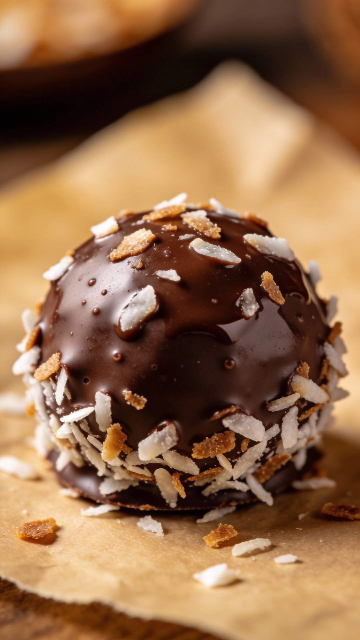 closeup keto coconut chocolate fat bomb on parchment