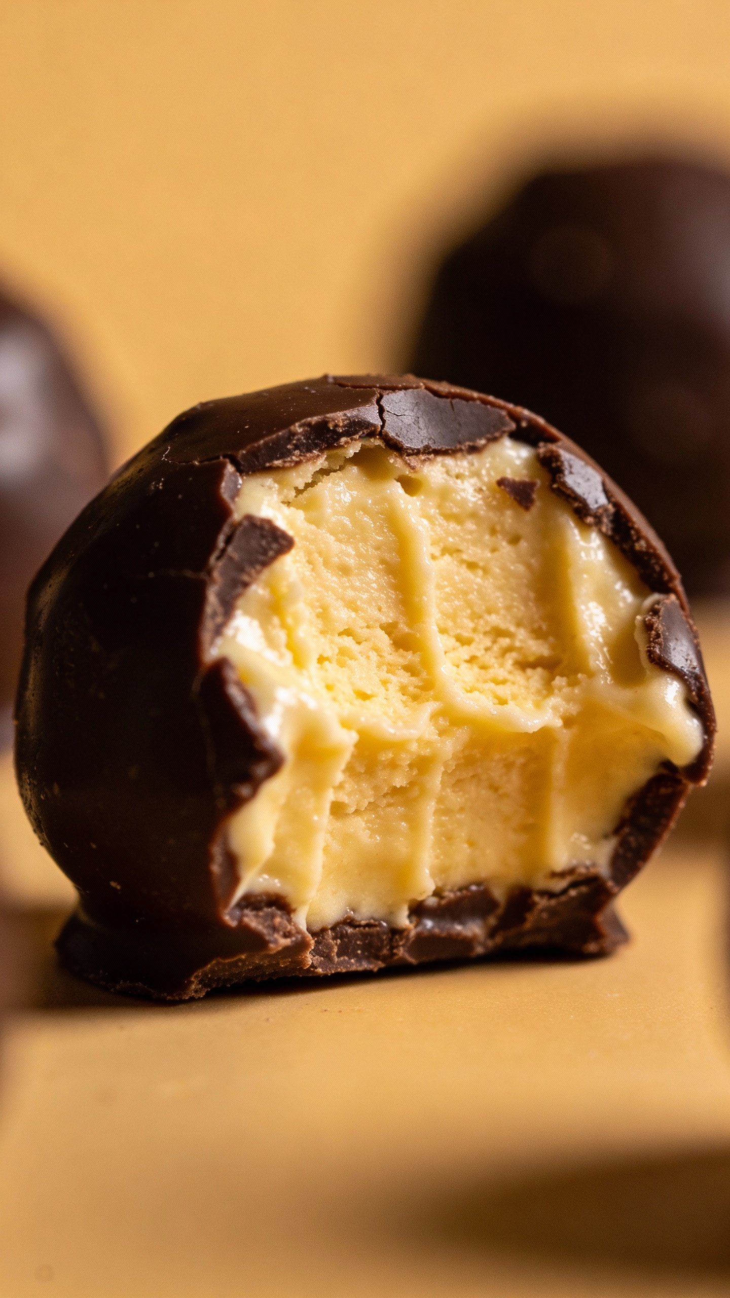 macro shot of bitten keto chocolate fat bomb showing creamy center