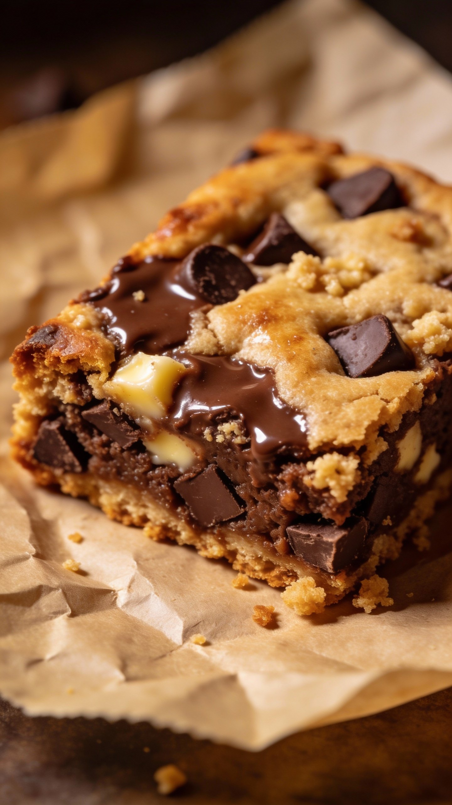 closeup keto chocolate chip cookie bar on parchment