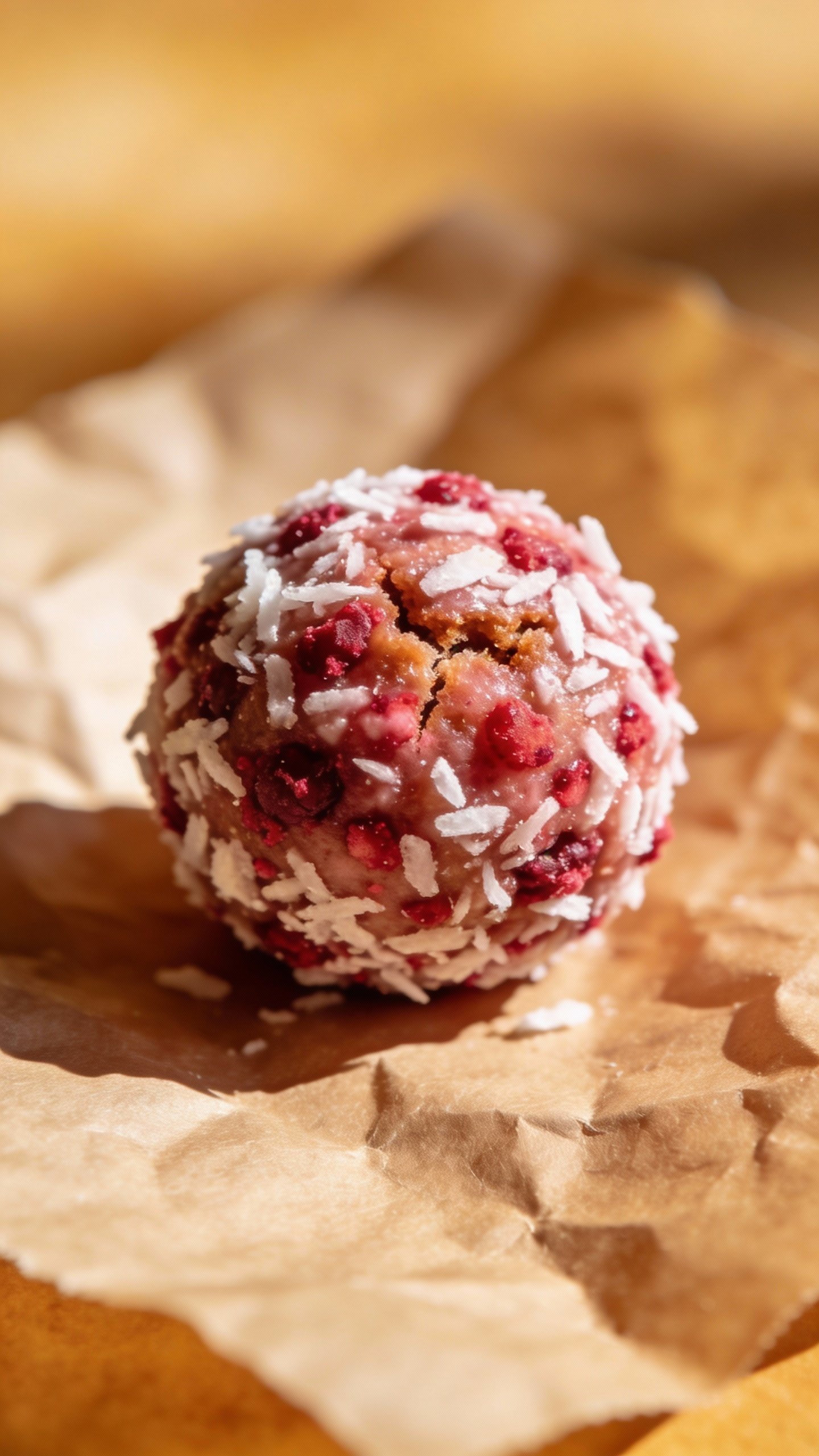 closeup keto raspberry coconut bliss ball on parchment