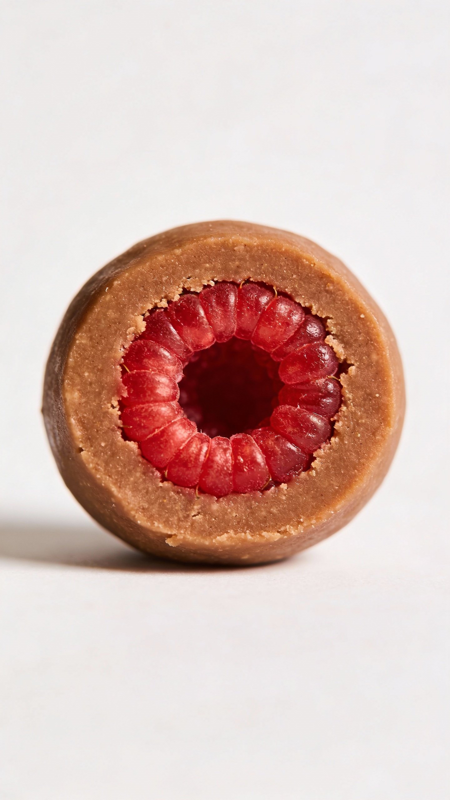 cross-section bliss ball showing raspberry center, clean white background
