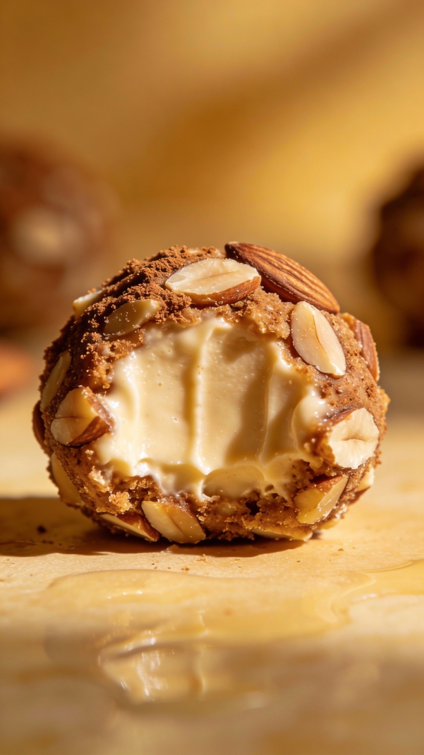 single cinnamon almond fat bomb bite showing creamy center