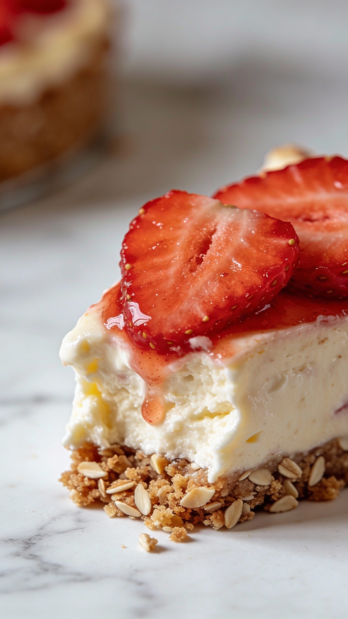 closeup keto strawberry cheesecake bite on white marble