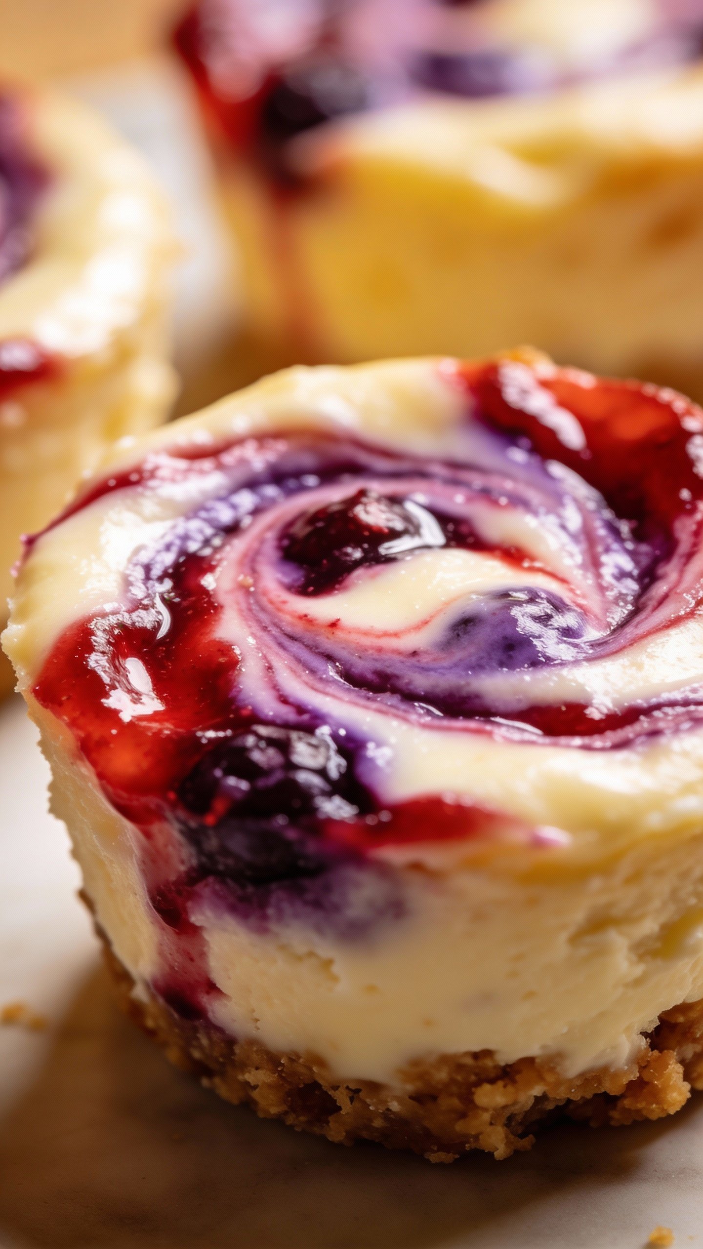 macro shot of crustless keto cheesecake bite, berry swirl