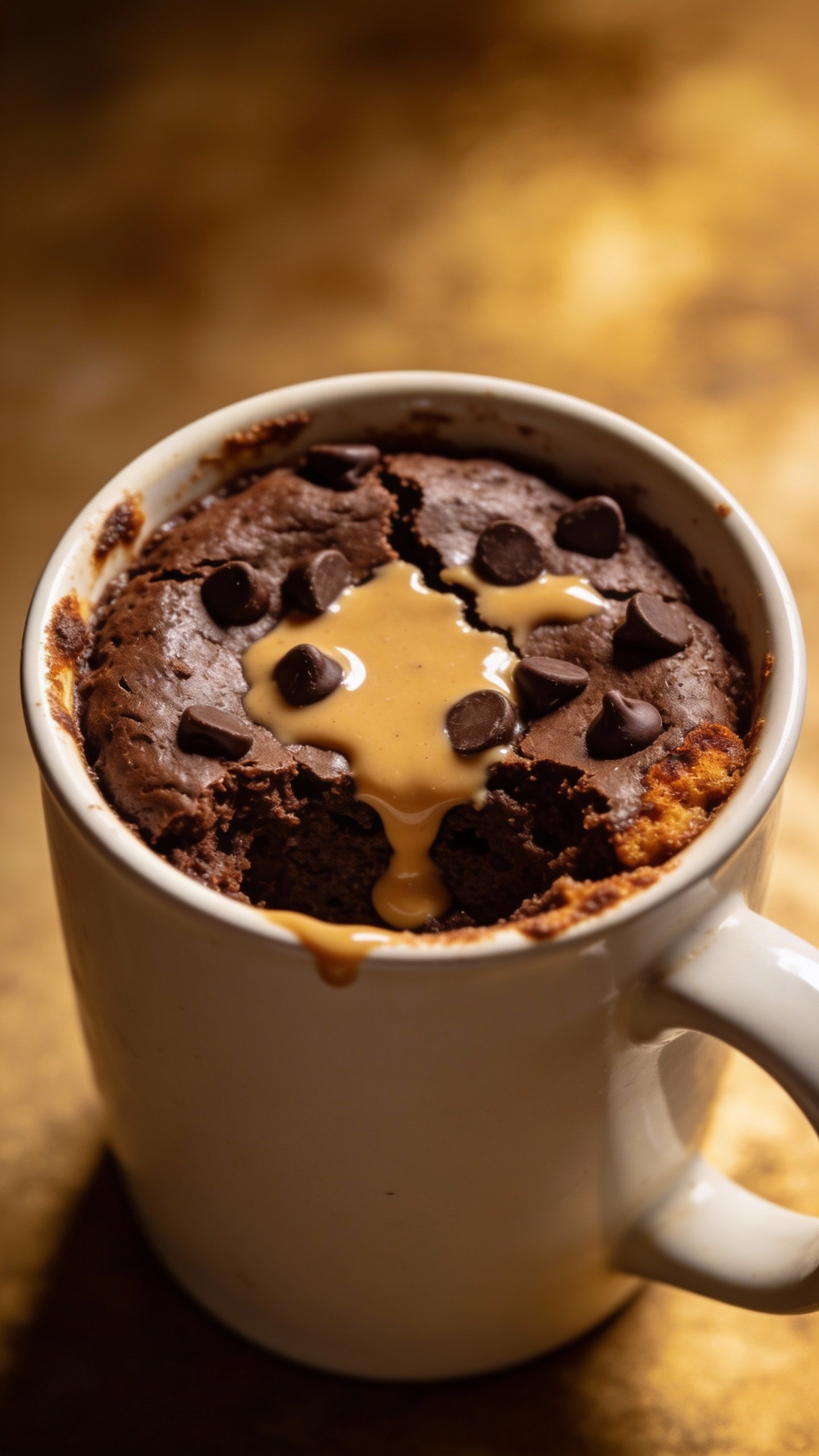 closeup keto chocolate peanut butter mug cake in white mug