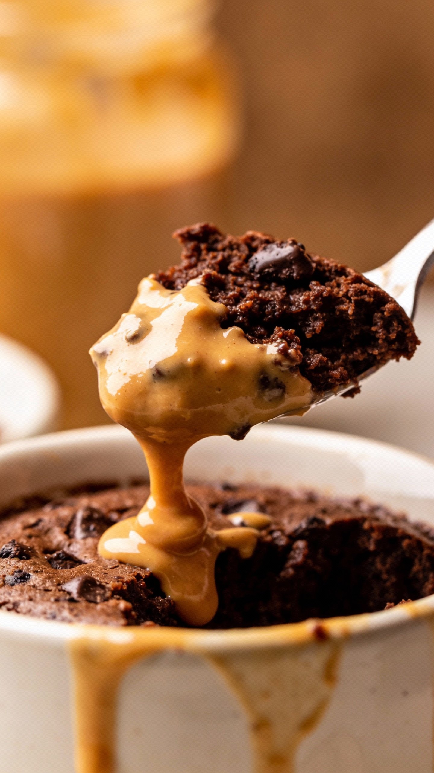 spoonful of fudgy keto mug cake showing melty peanut butter