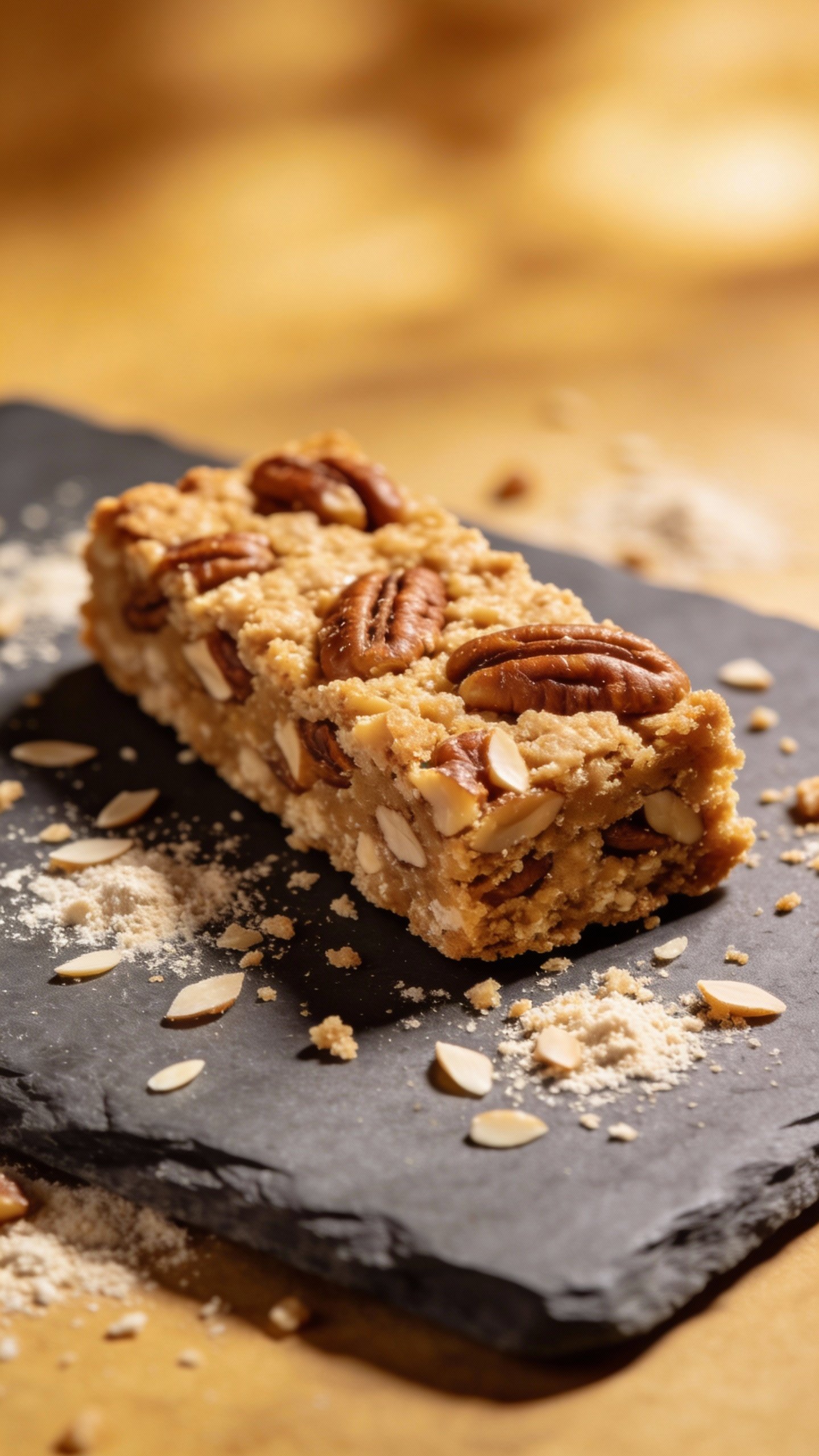 single keto pecan bar on slate board, almond flour crumbs