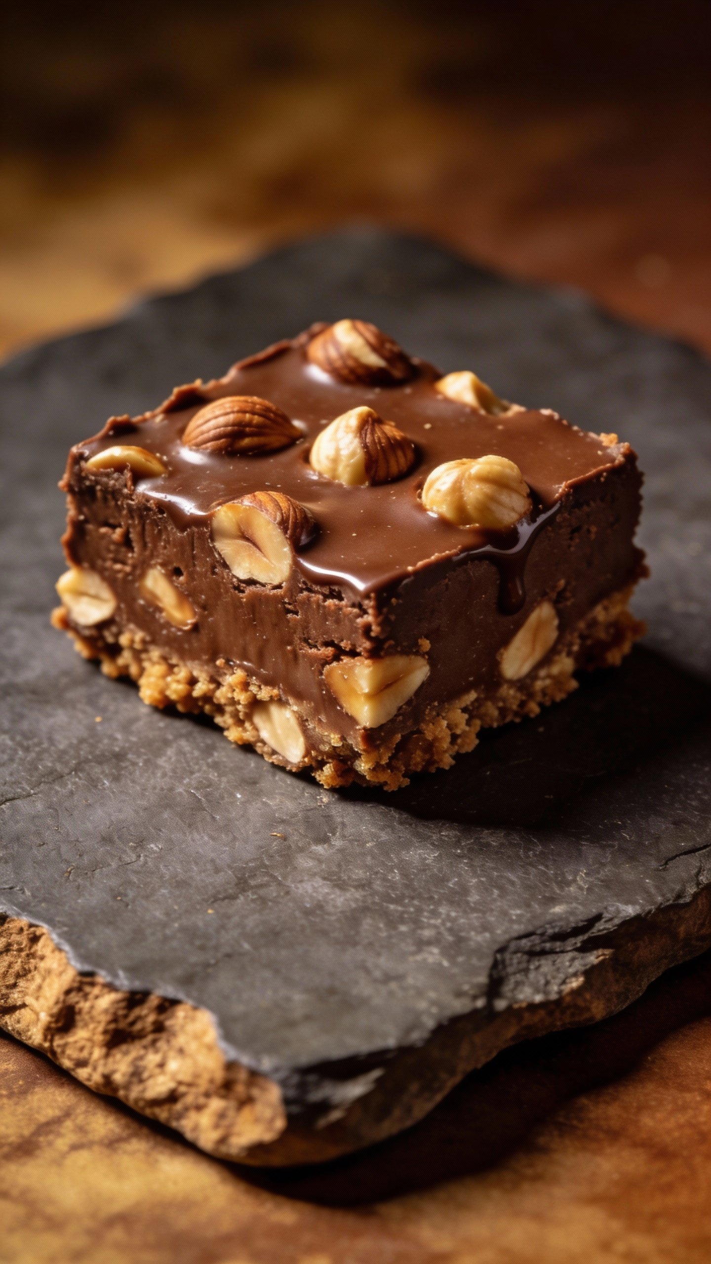 single slice of keto hazelnut fudge on slate board