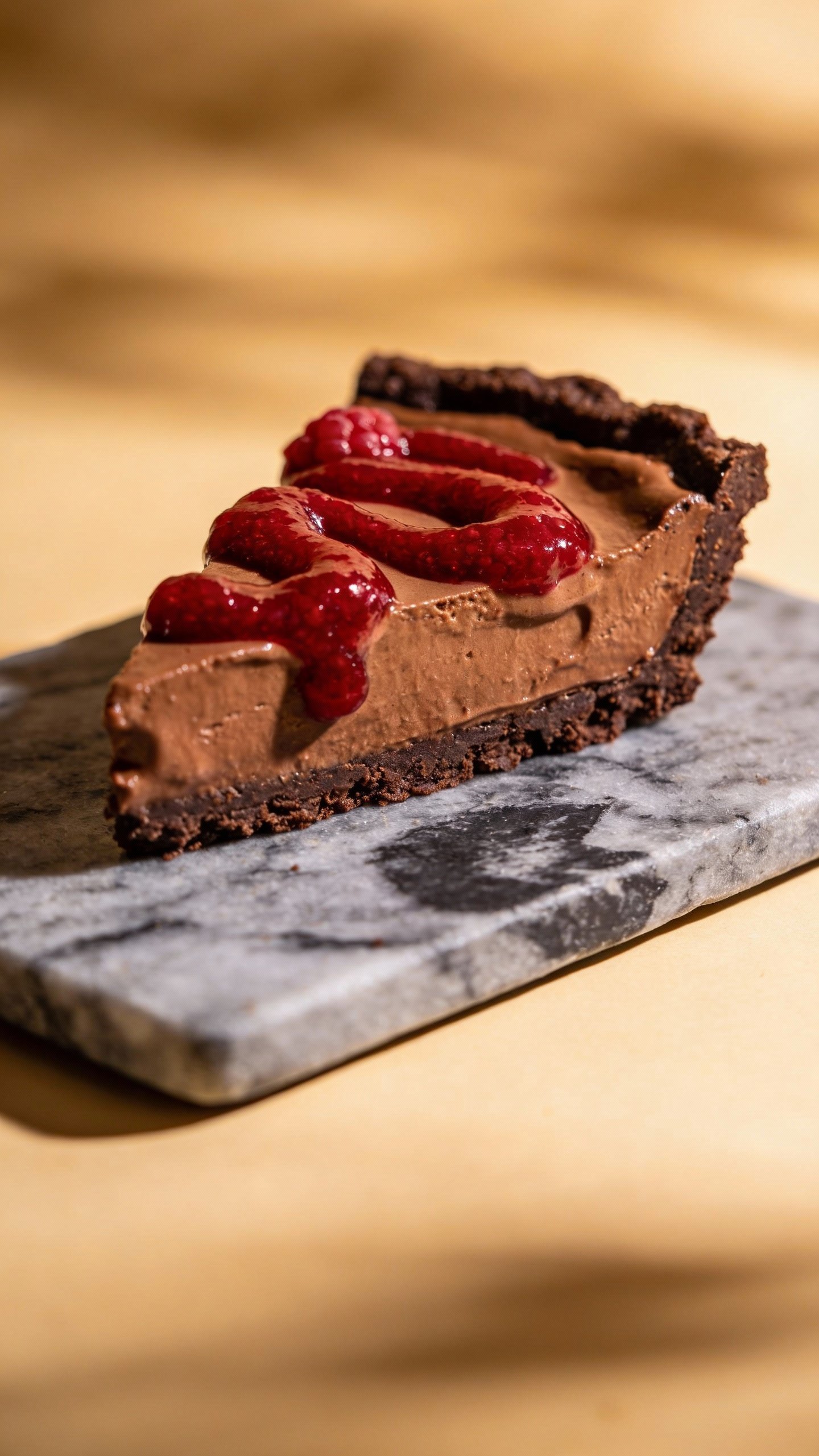 closeup slice of keto chocolate raspberry tart on slate plate