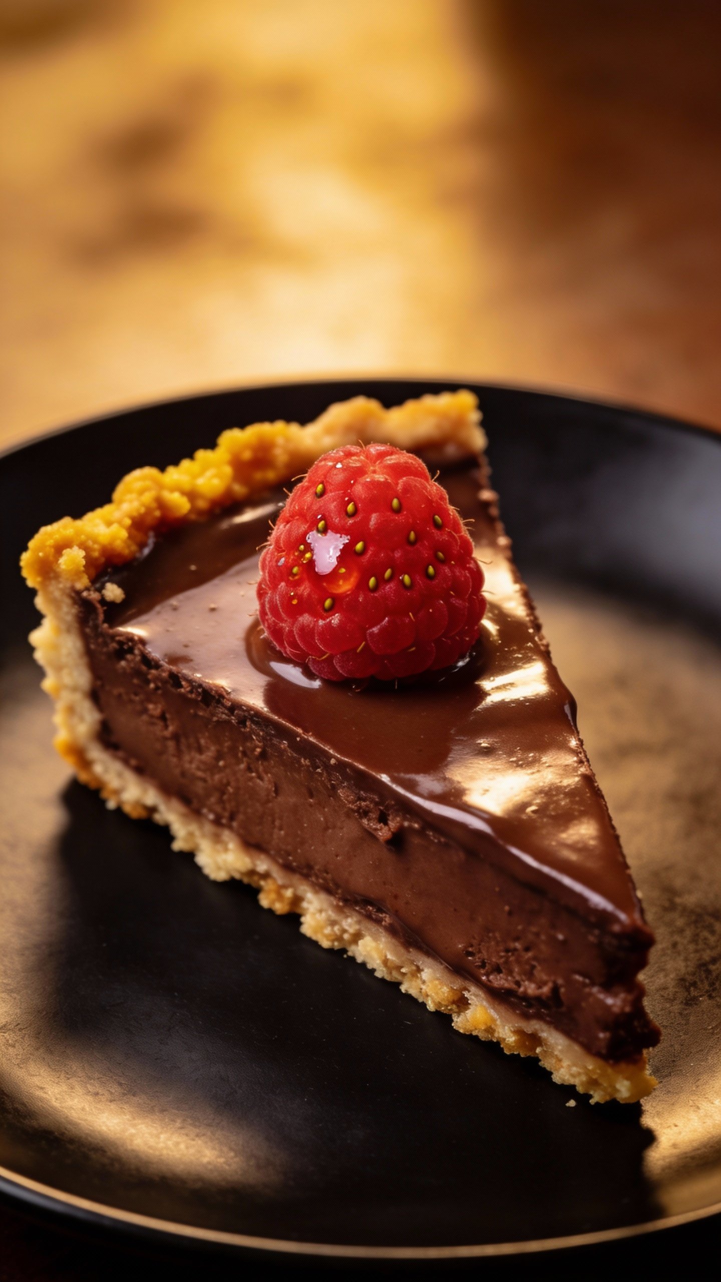 single raspberry-topped chocolate tart slice on matte black plate