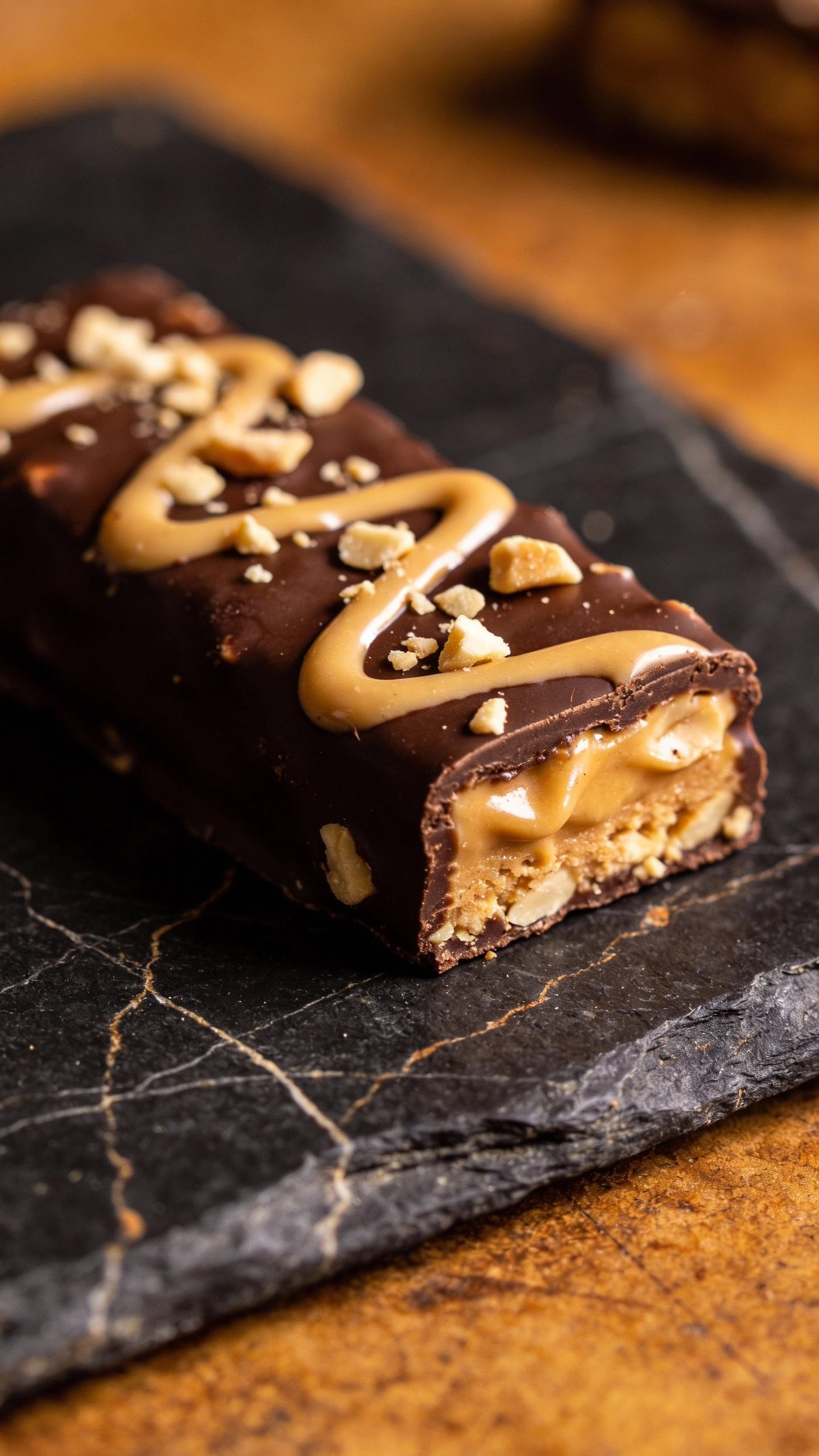closeup keto chocolate peanut butter truffle bar on slate