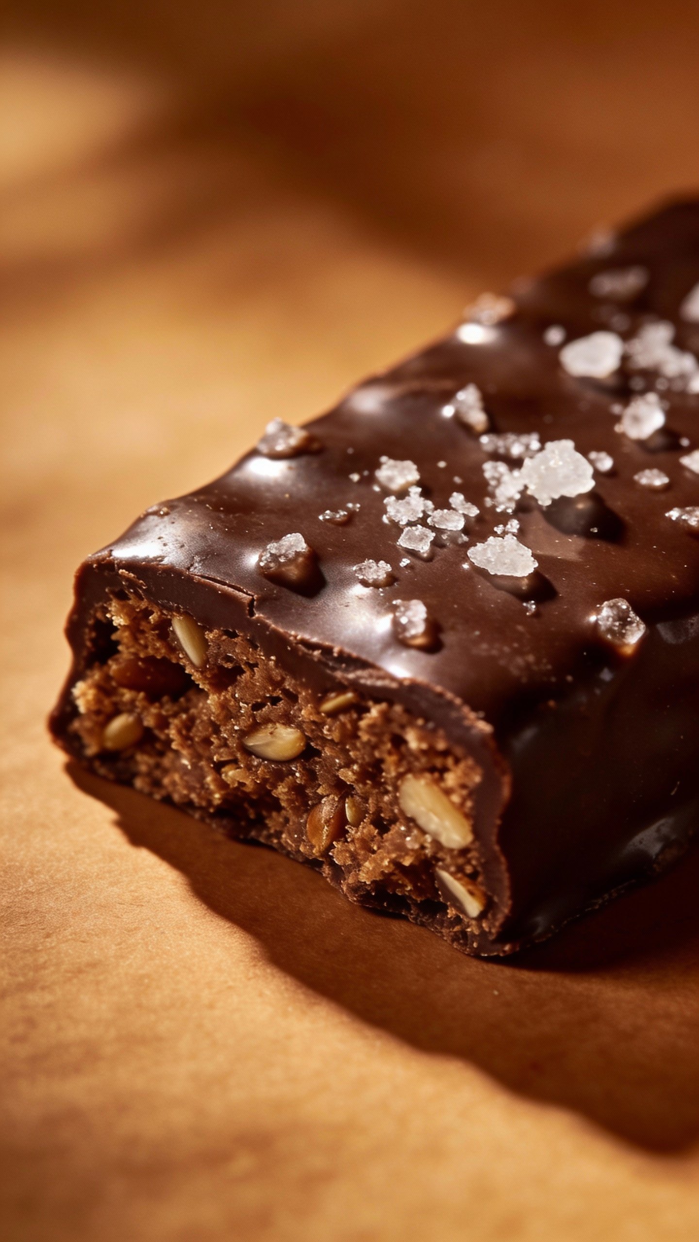 macro of glossy chocolate-coated keto bar with sea salt