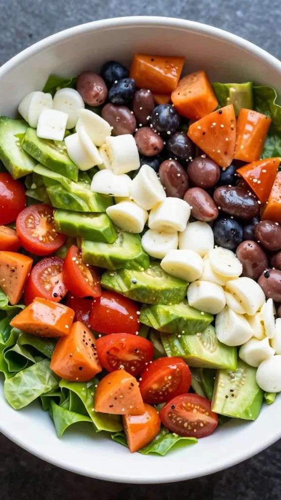 closeup bowl of loaded keto Cobb salad, overhead lighting