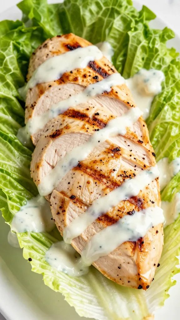 grilled chicken breast slices on romaine, creamy dressing drizzle