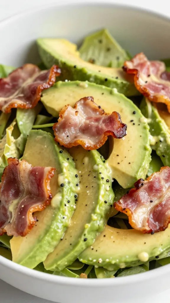 closeup of creamy avocado bacon keto salad in white bowl