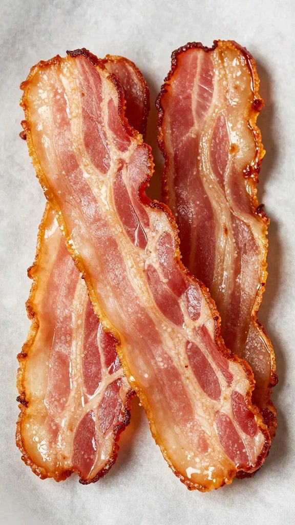 crispy bacon strips on parchment, glistening, overhead closeup