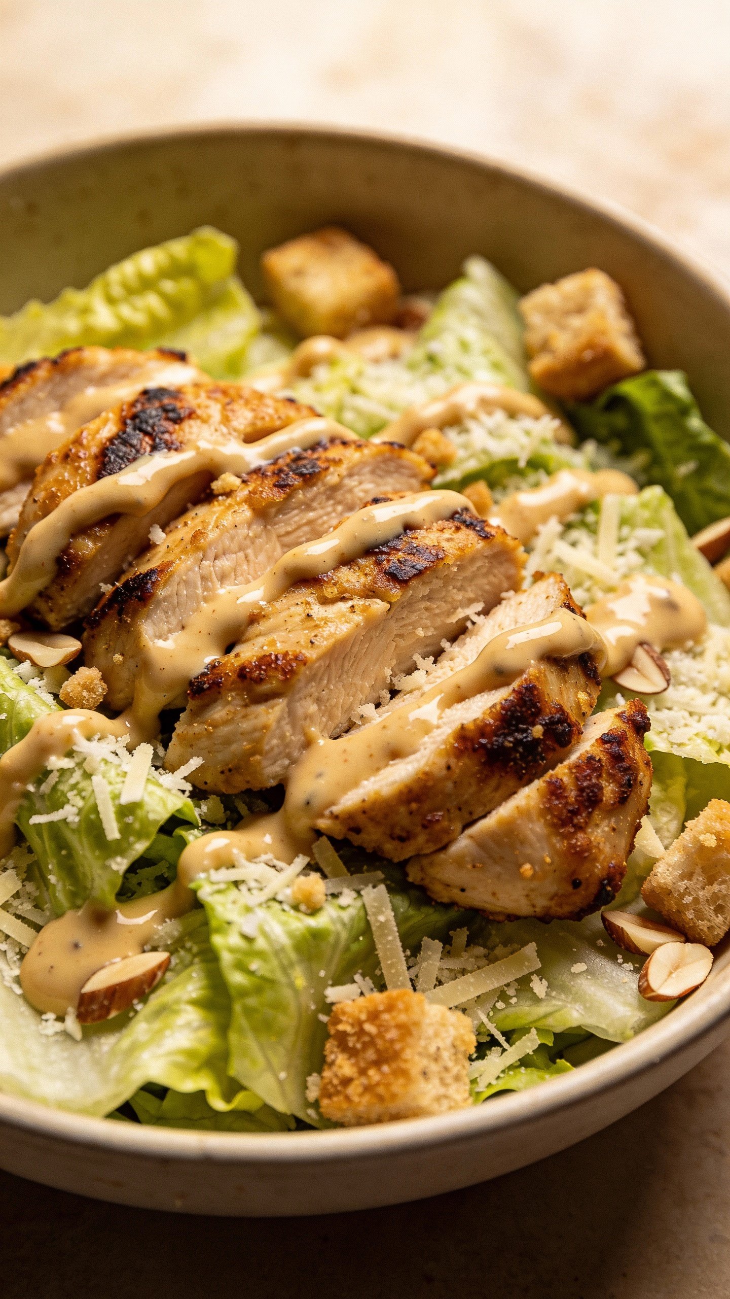 closeup bowl of crunchy chicken caesar keto salad
