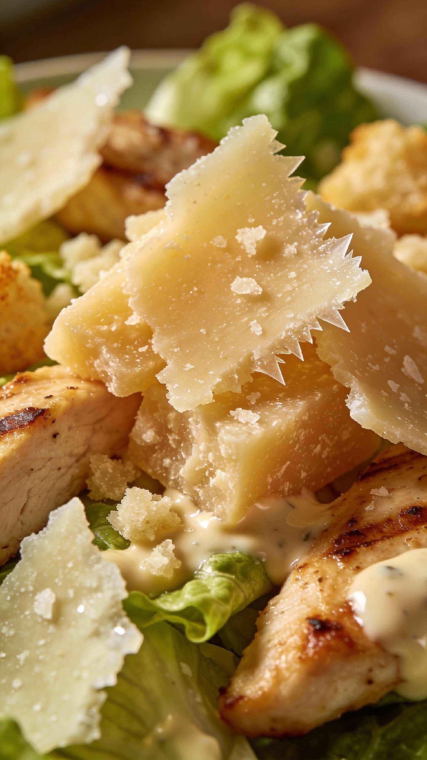 parmesan cheese shards on keto caesar salad, macro shot