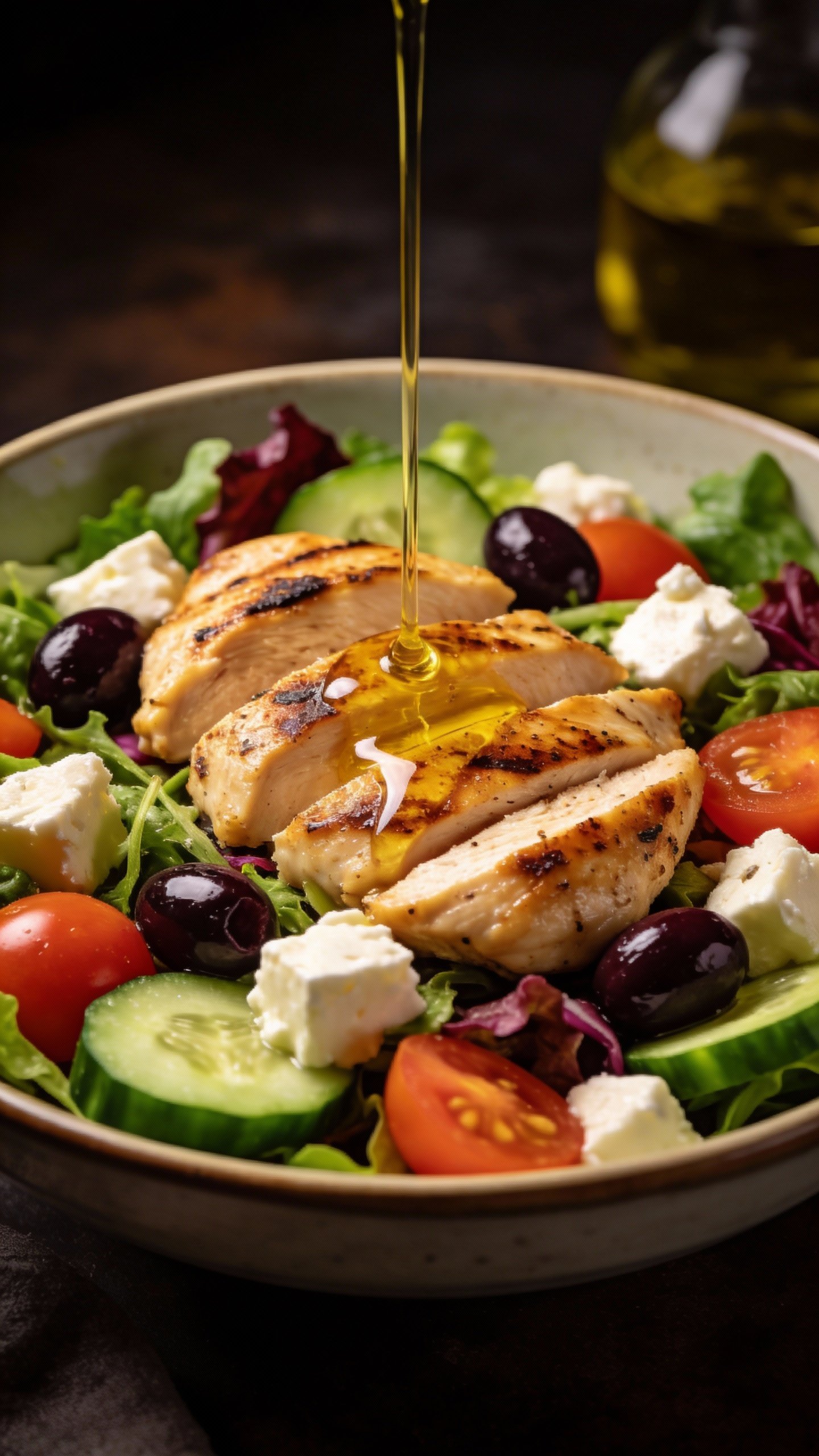 Closeup bowl of high-protein keto Greek salad, moody lighting