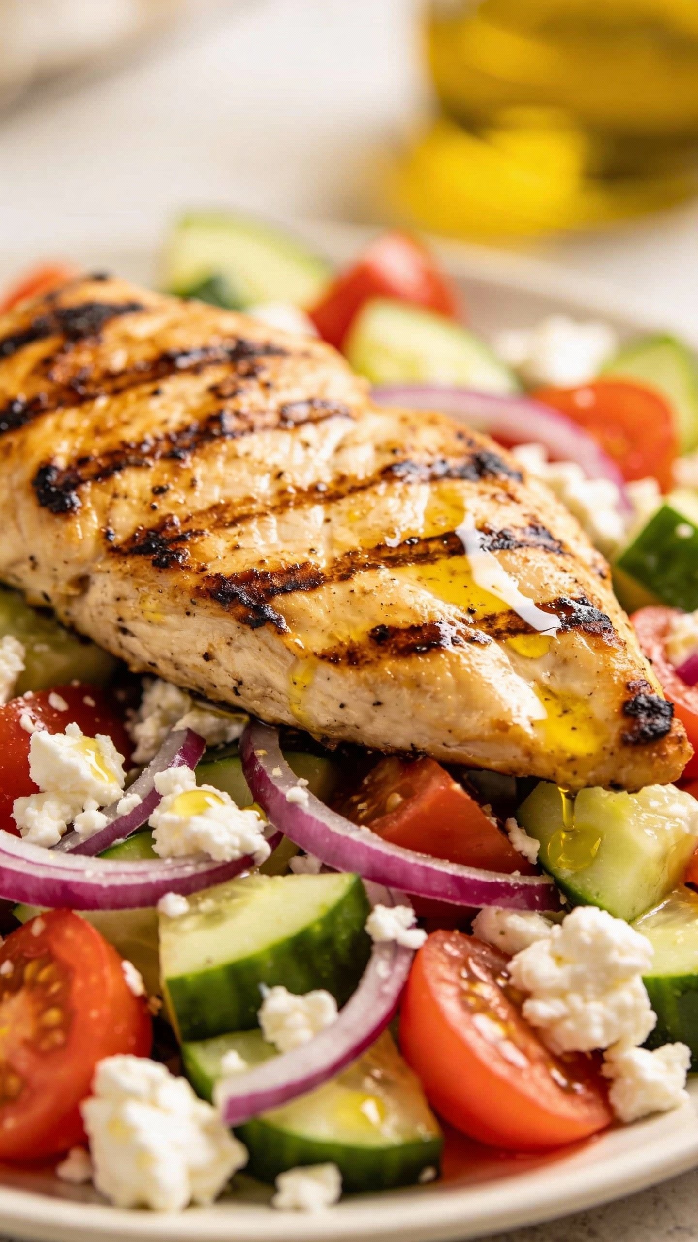 Grilled chicken breast atop Greek salad, shallow depth of field