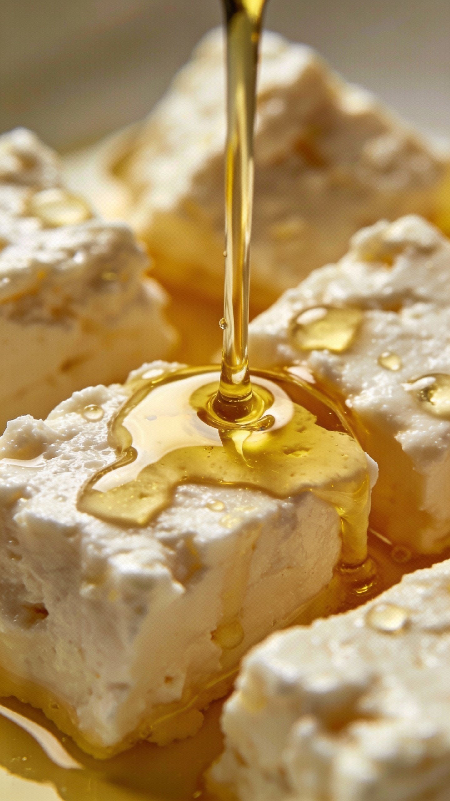 Olive oil drizzle over feta cubes, macro food photography