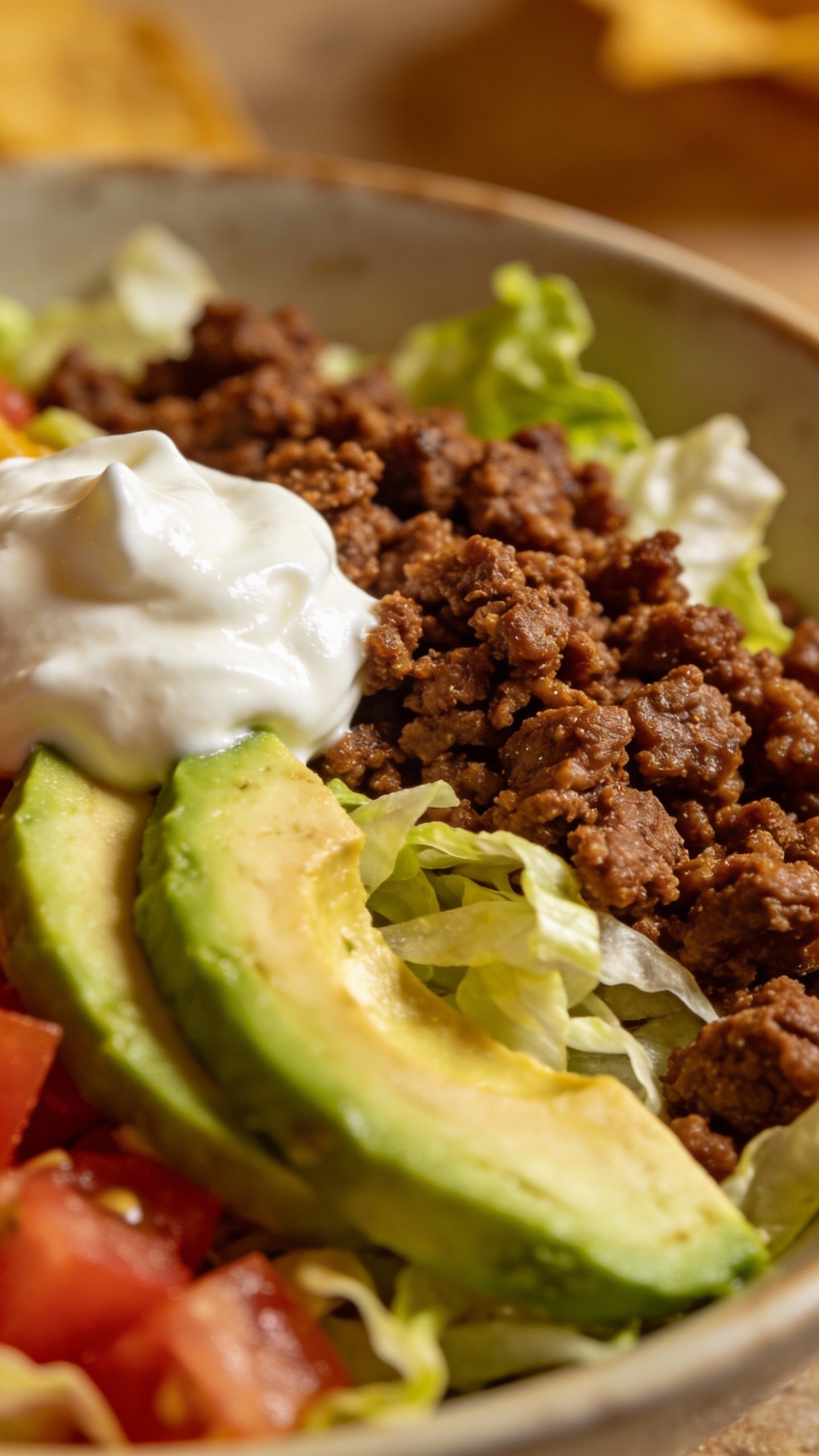 closeup bowl of keto taco salad with ground beef