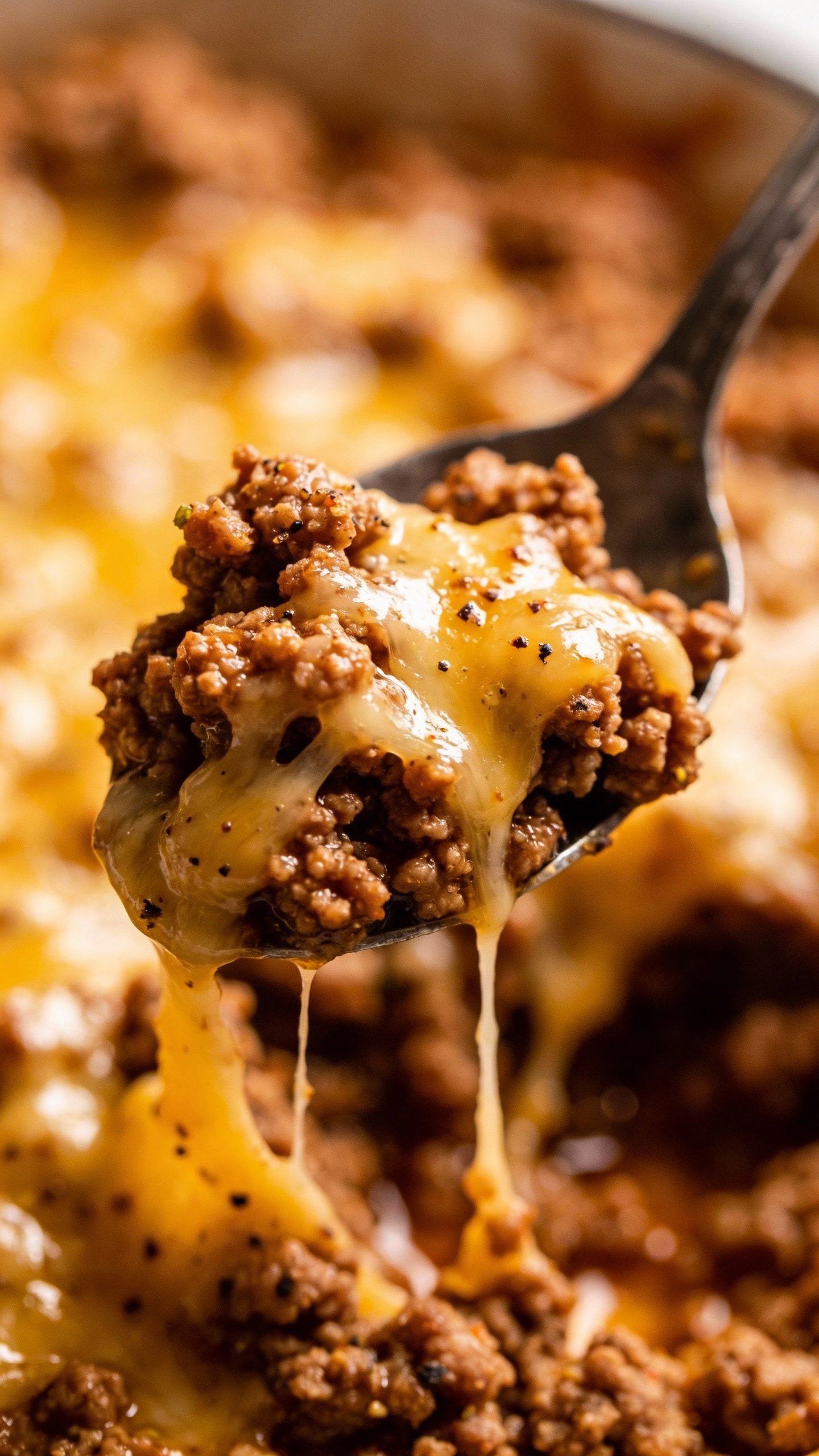 spoonful of seasoned ground beef with melted cheese, macro shot