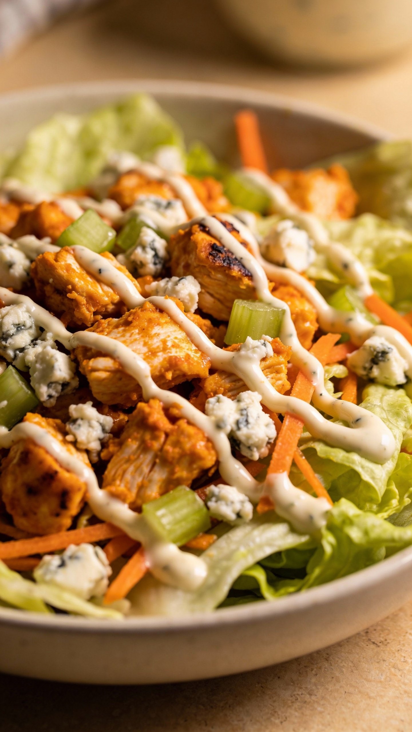 closeup bowl of buffalo chicken salad with ranch drizzle
