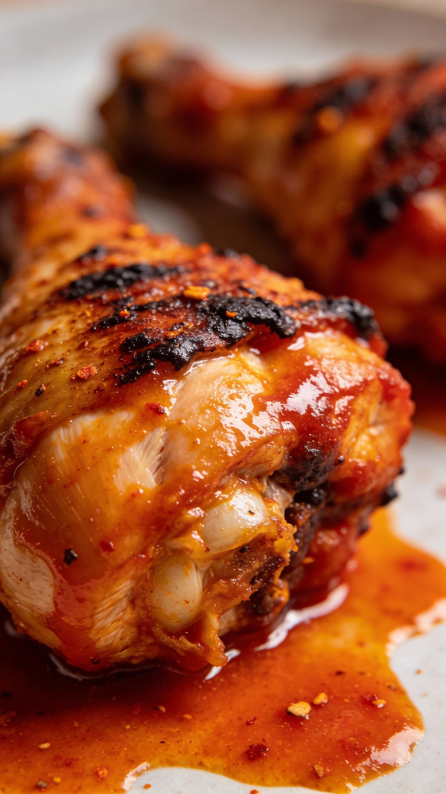 grilled chicken thigh tossed in buffalo sauce, macro shot