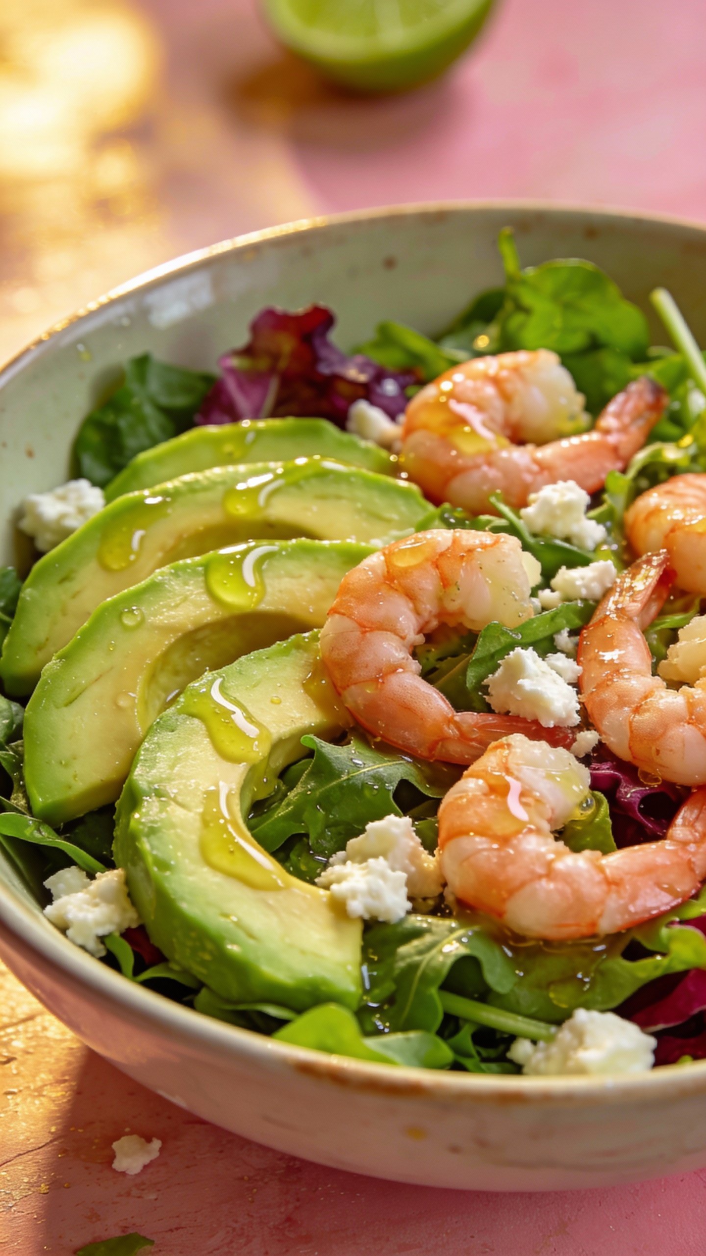 closeup bowl of avocado shrimp keto salad, lime dressing drizzle