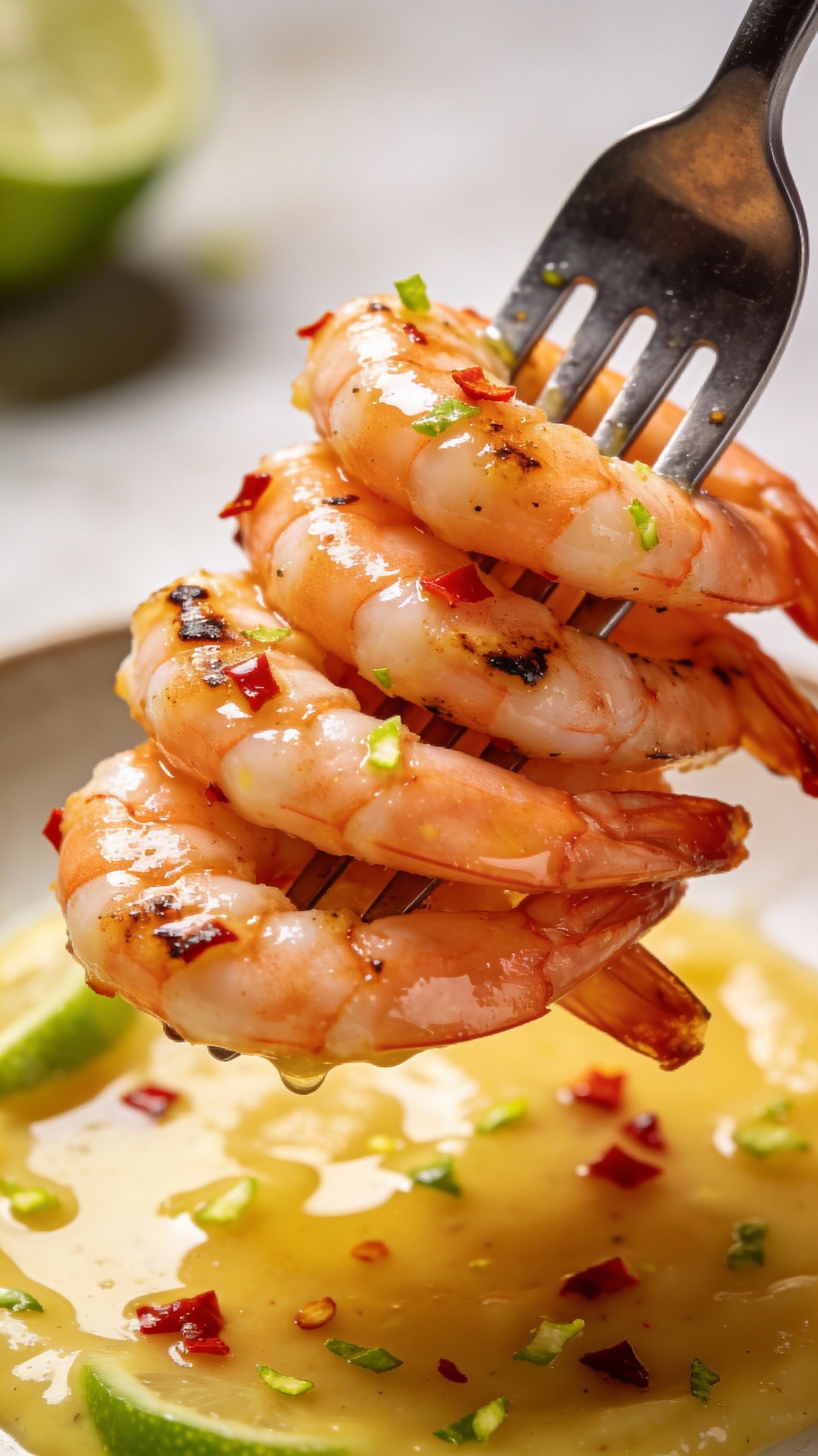 seared shrimp on fork, glistening with chili-lime butter