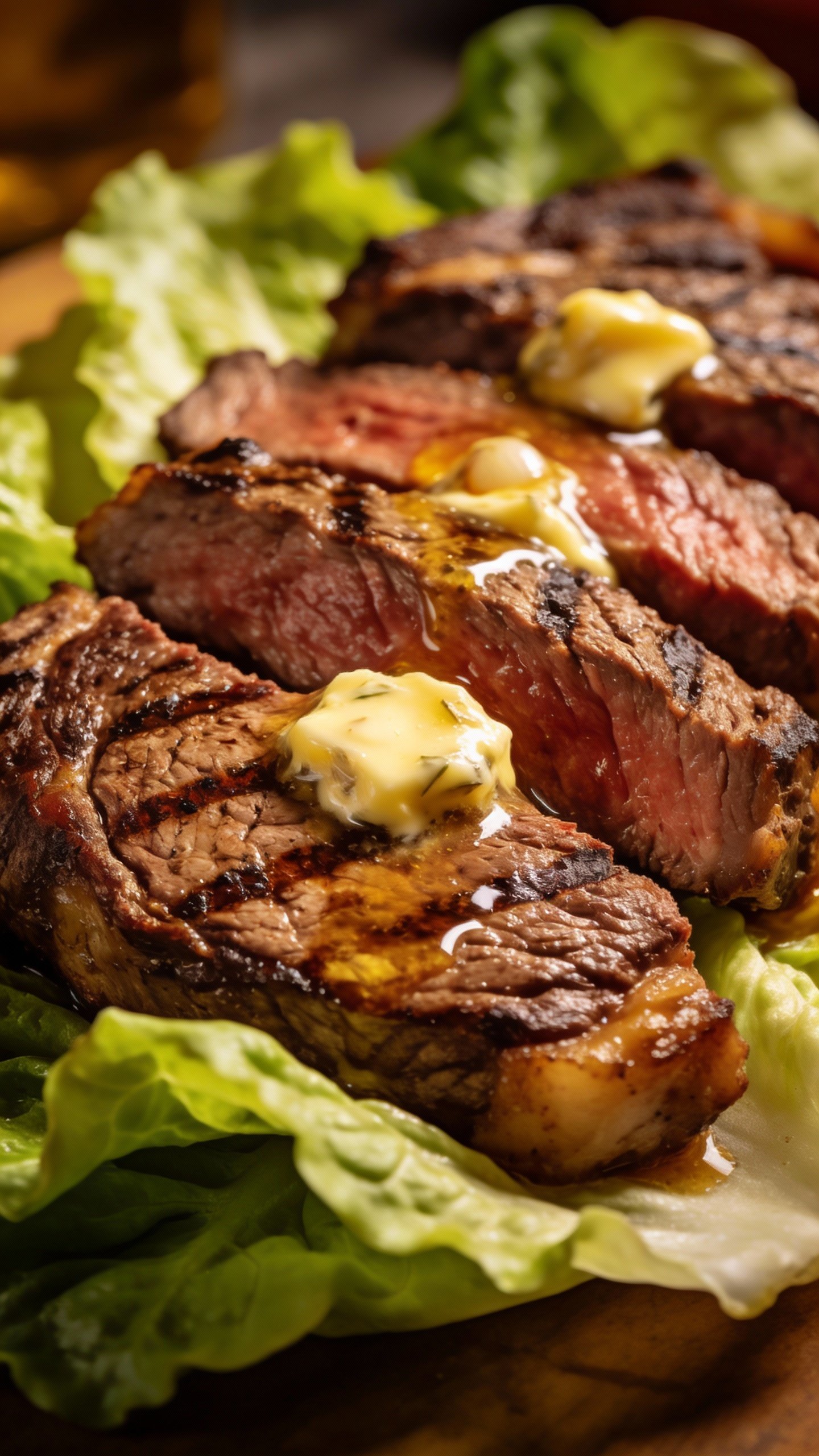 closeup ribeye steak slices on romaine with warm garlic butter