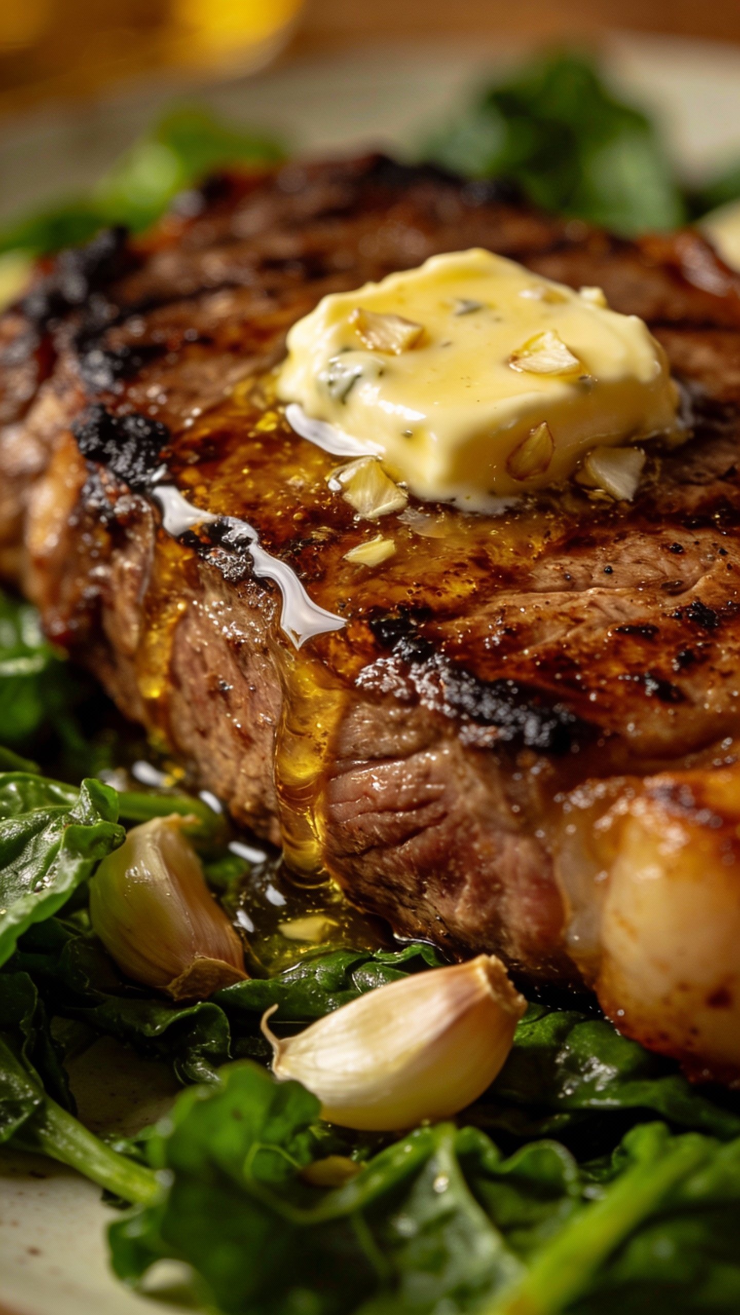 garlic butter drizzle over seared steak on greens, macro shot