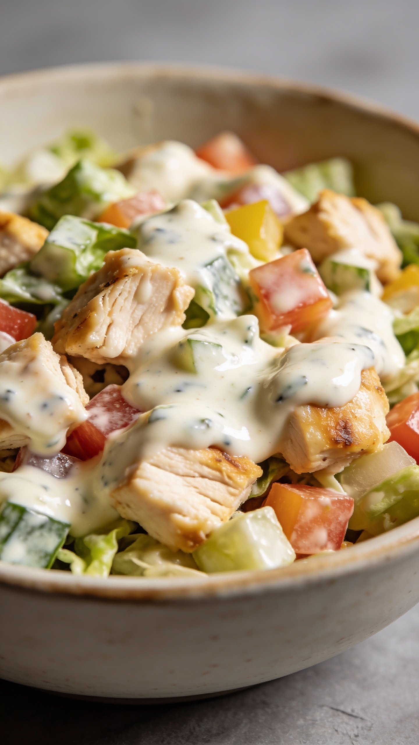 closeup bowl of ranch keto chicken salad, matte gray background