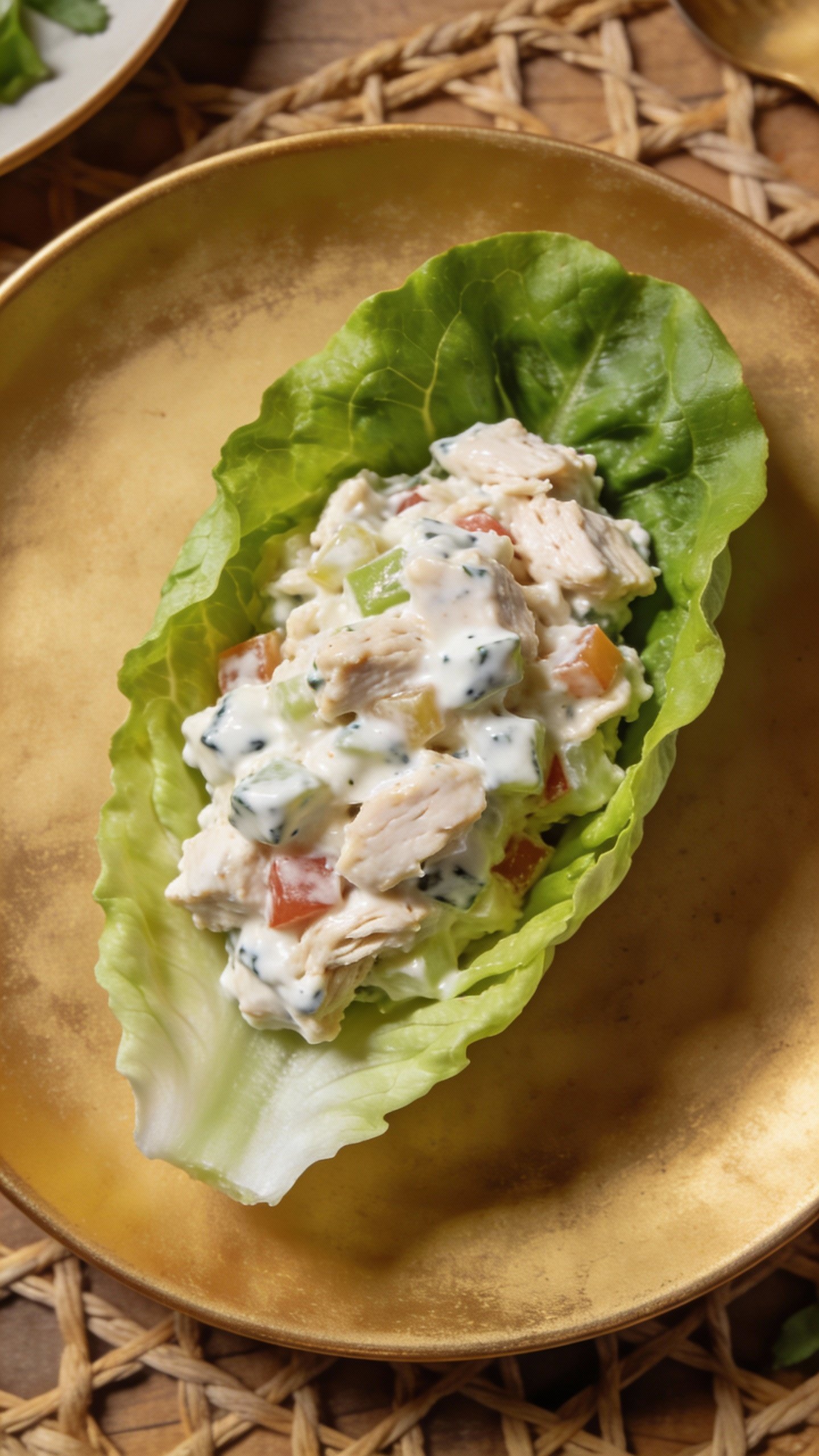 single lettuce wrap filled with ranch chicken salad, overhead