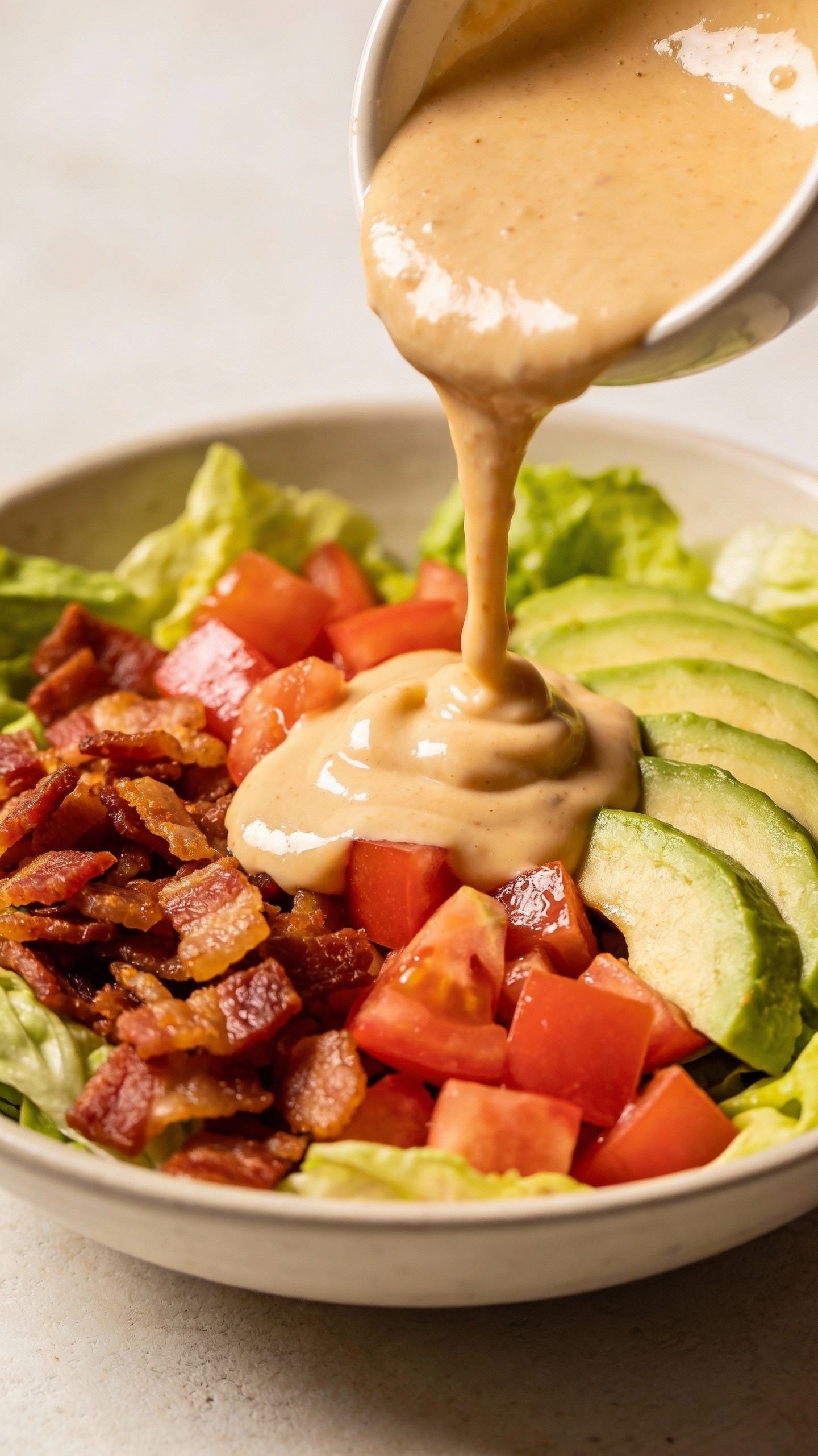 closeup bowl of BLT keto salad with creamy dressing