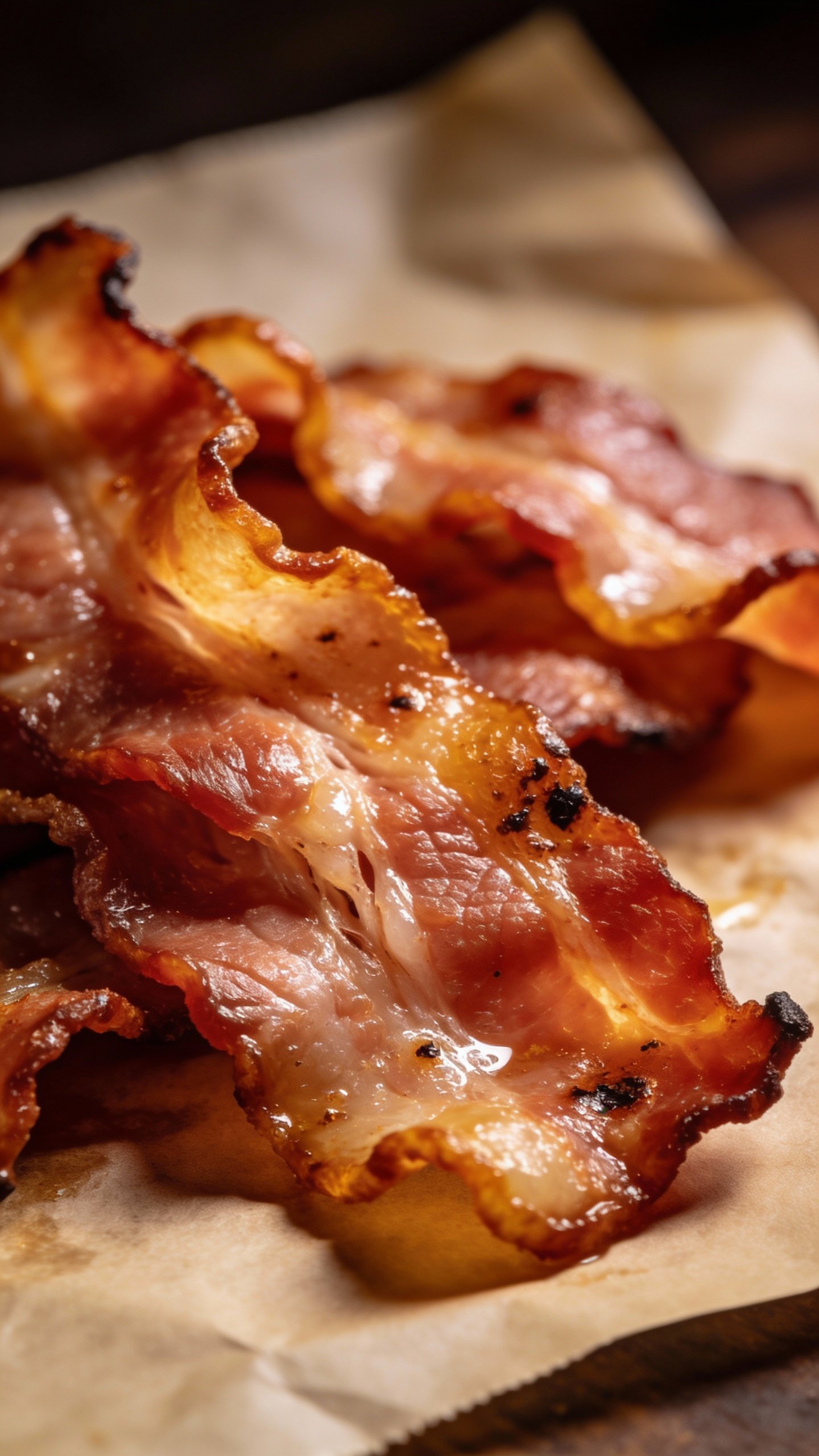thick-cut crispy bacon slices on parchment, studio lighting