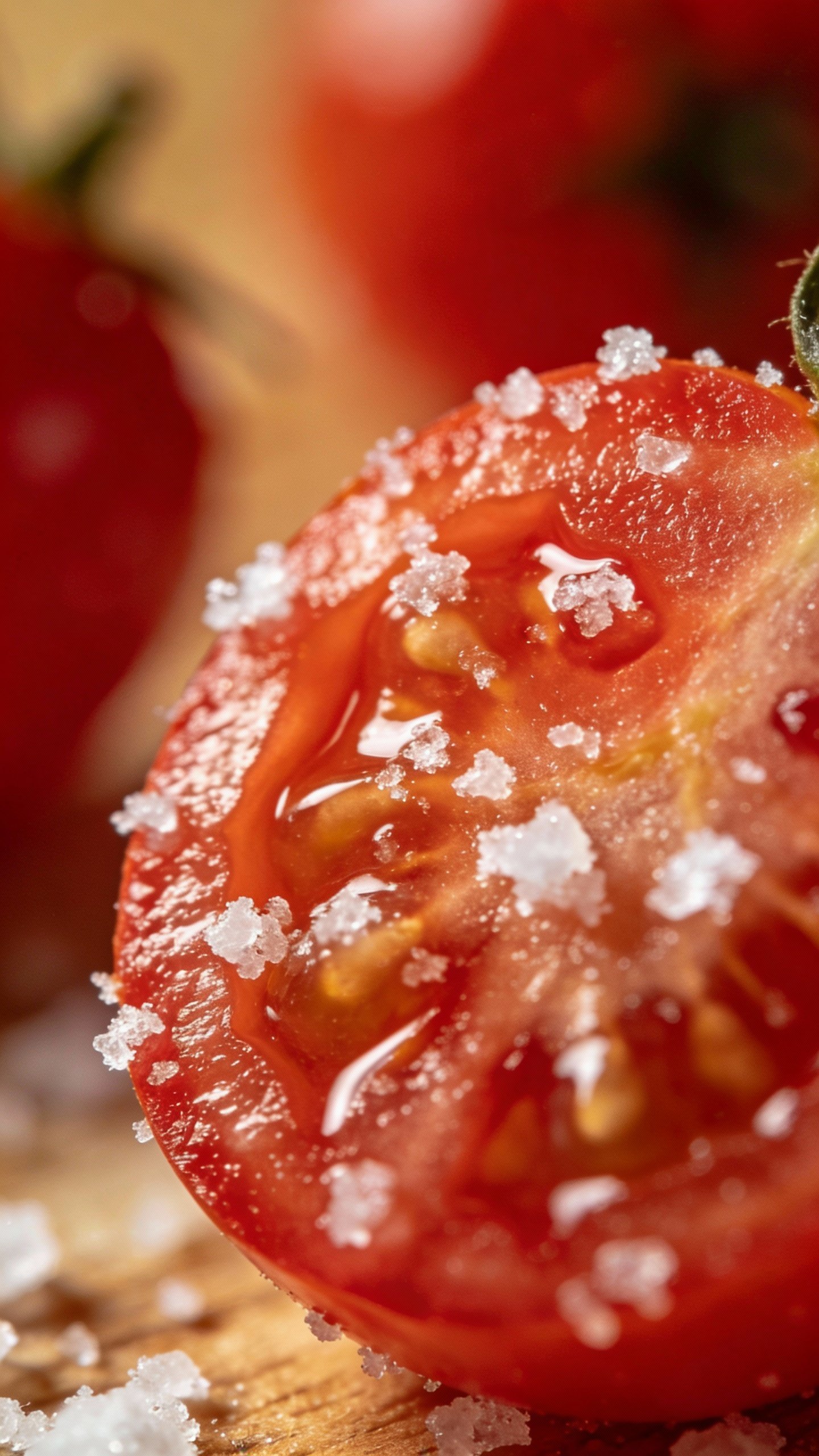 ripe cherry tomato half with sea salt, macro shot