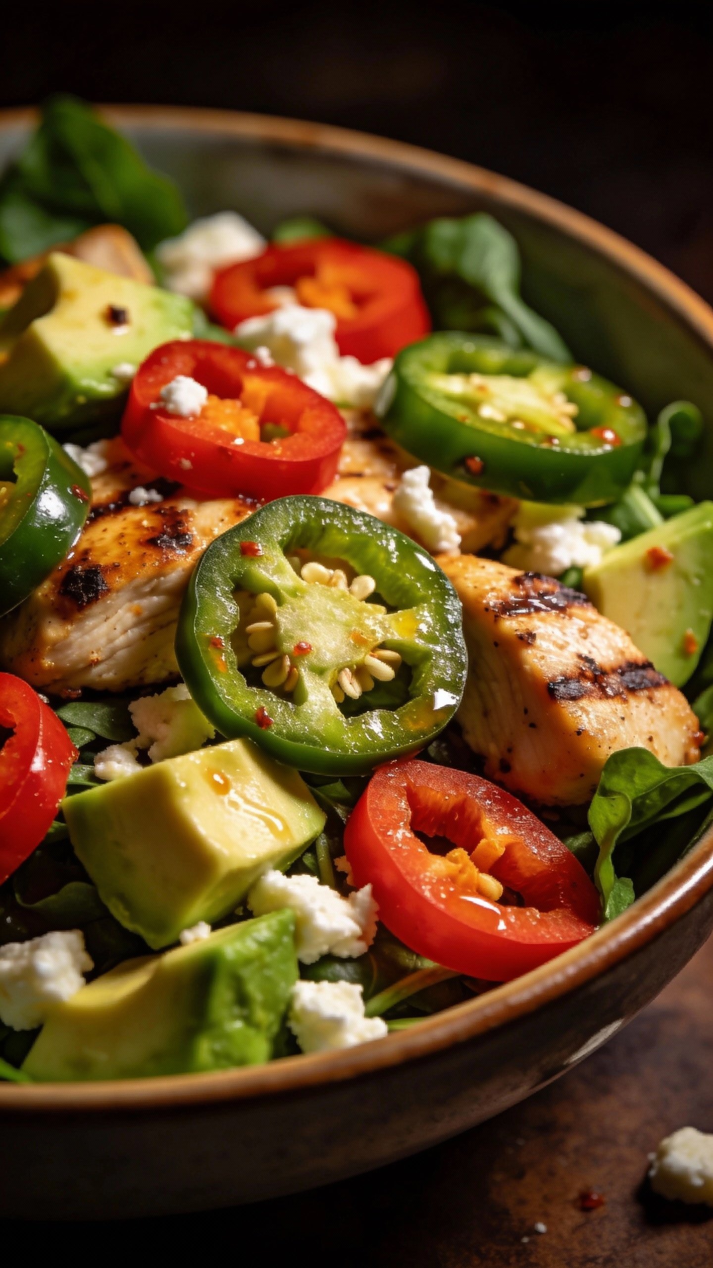 Closeup bowl of spicy jalapeño keto salad, moody lighting