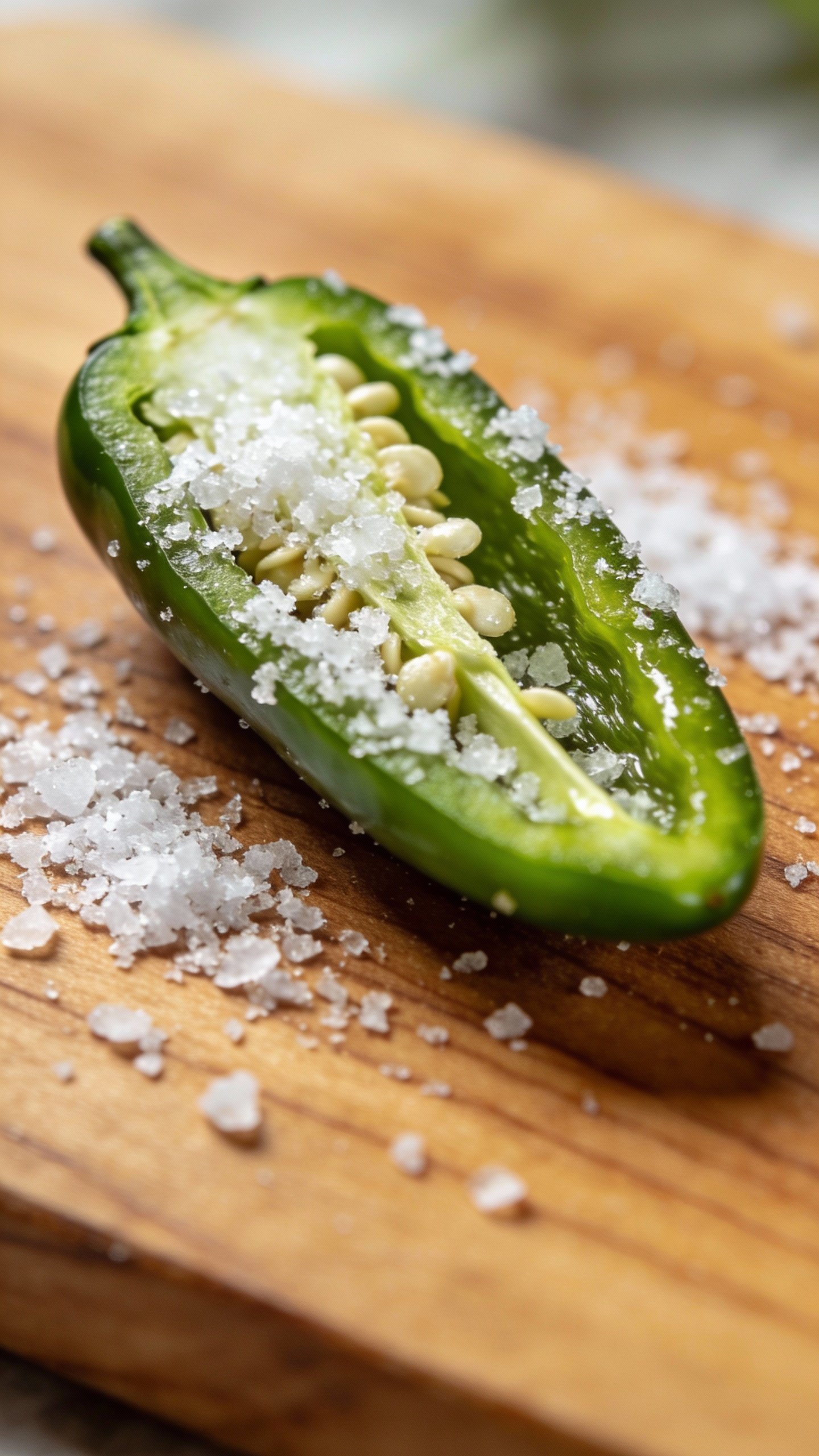 Single sliced jalapeño on cutting board with sea salt