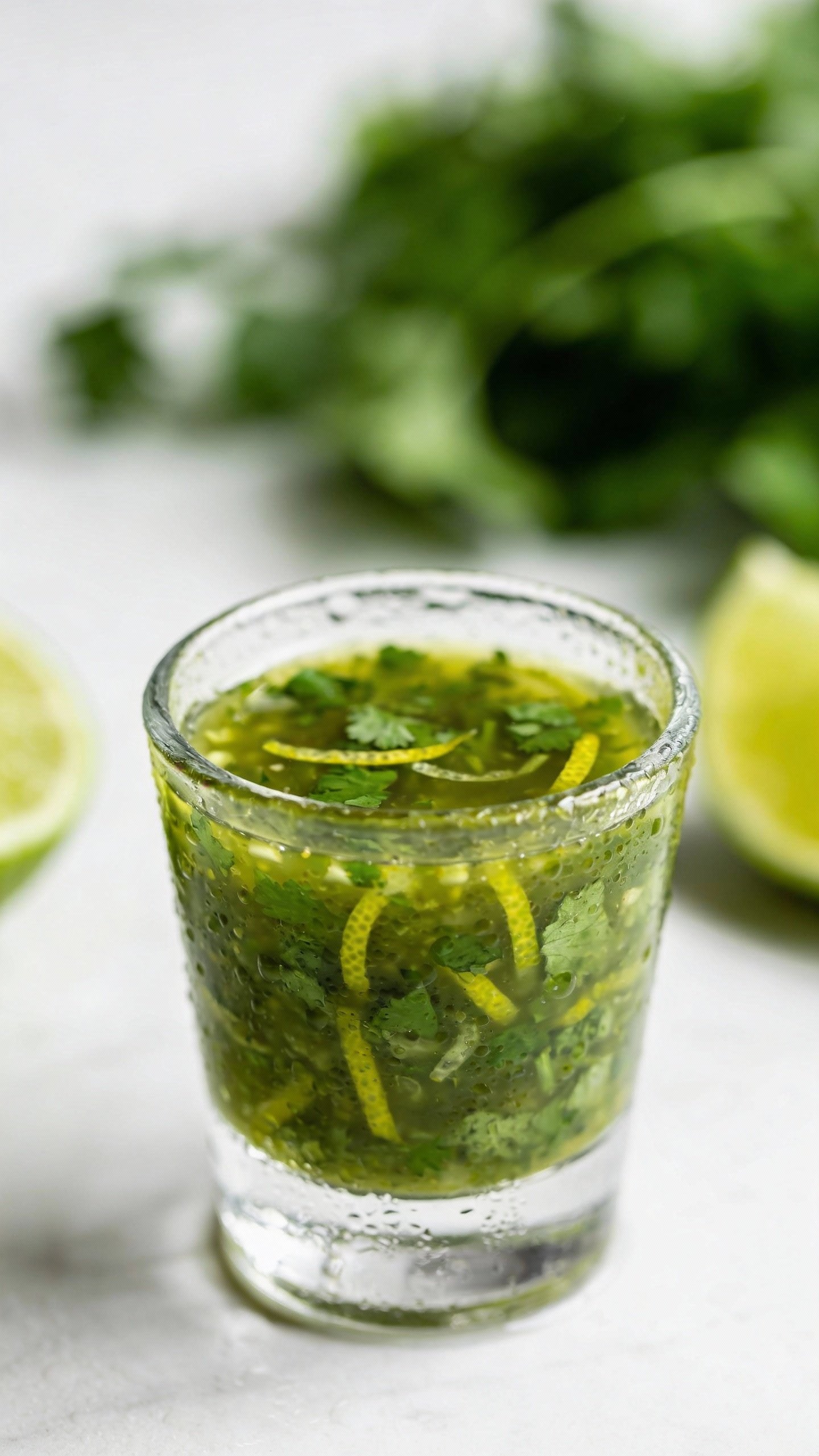 Small glass of lime-cilantro dressing with droplets, studio light