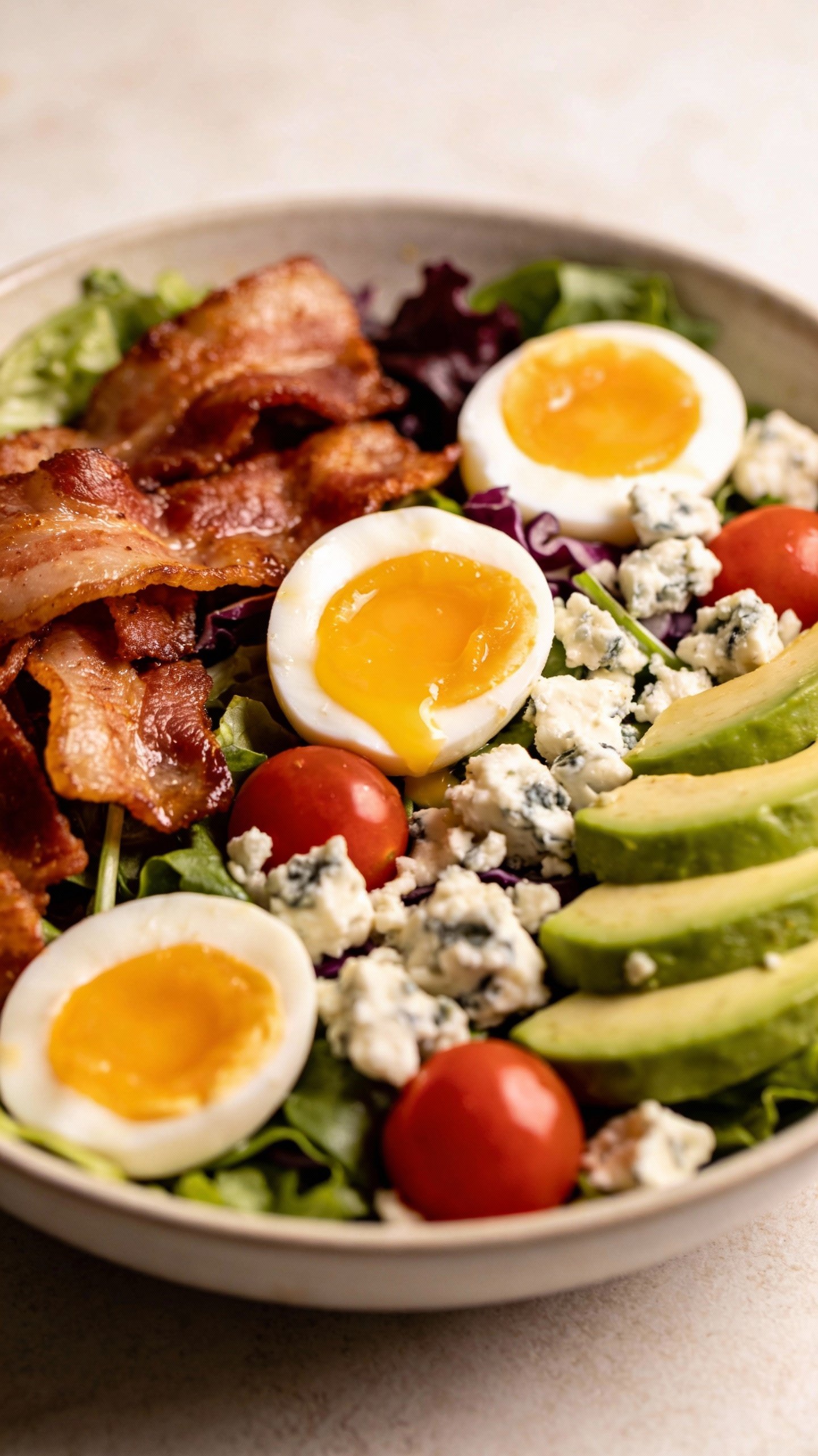 closeup bowl of keto chef salad with bacon and eggs