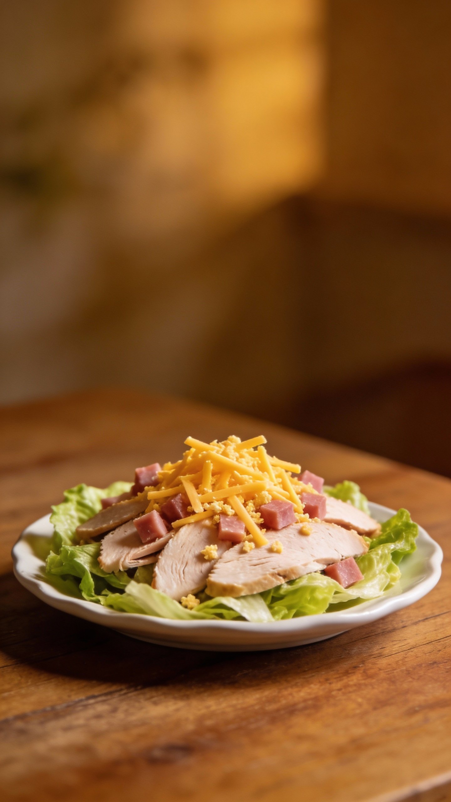 single plate of chopped romaine with turkey, ham, cheddar