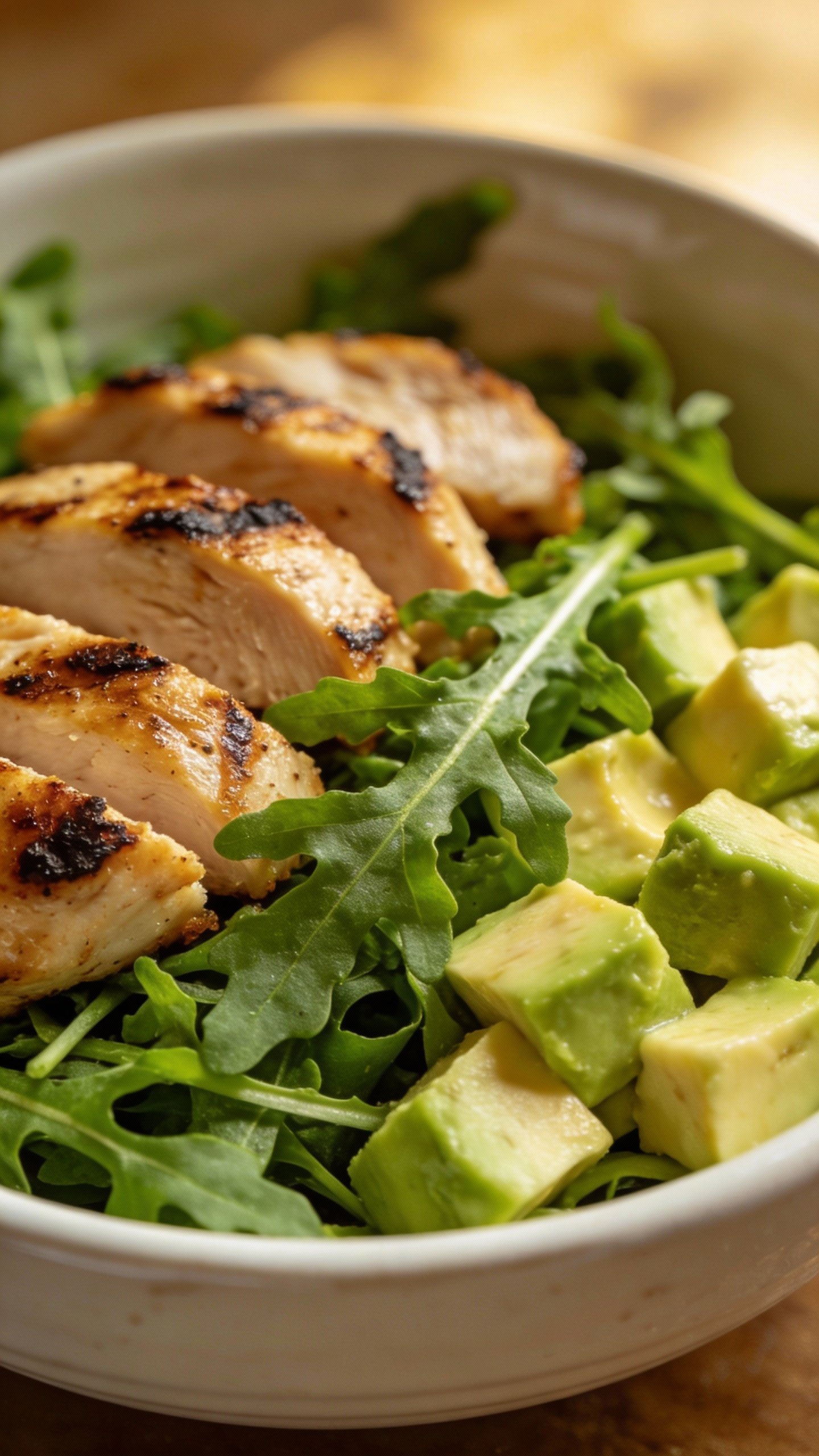 closeup keto salad bowl with grilled chicken, arugula, avocado