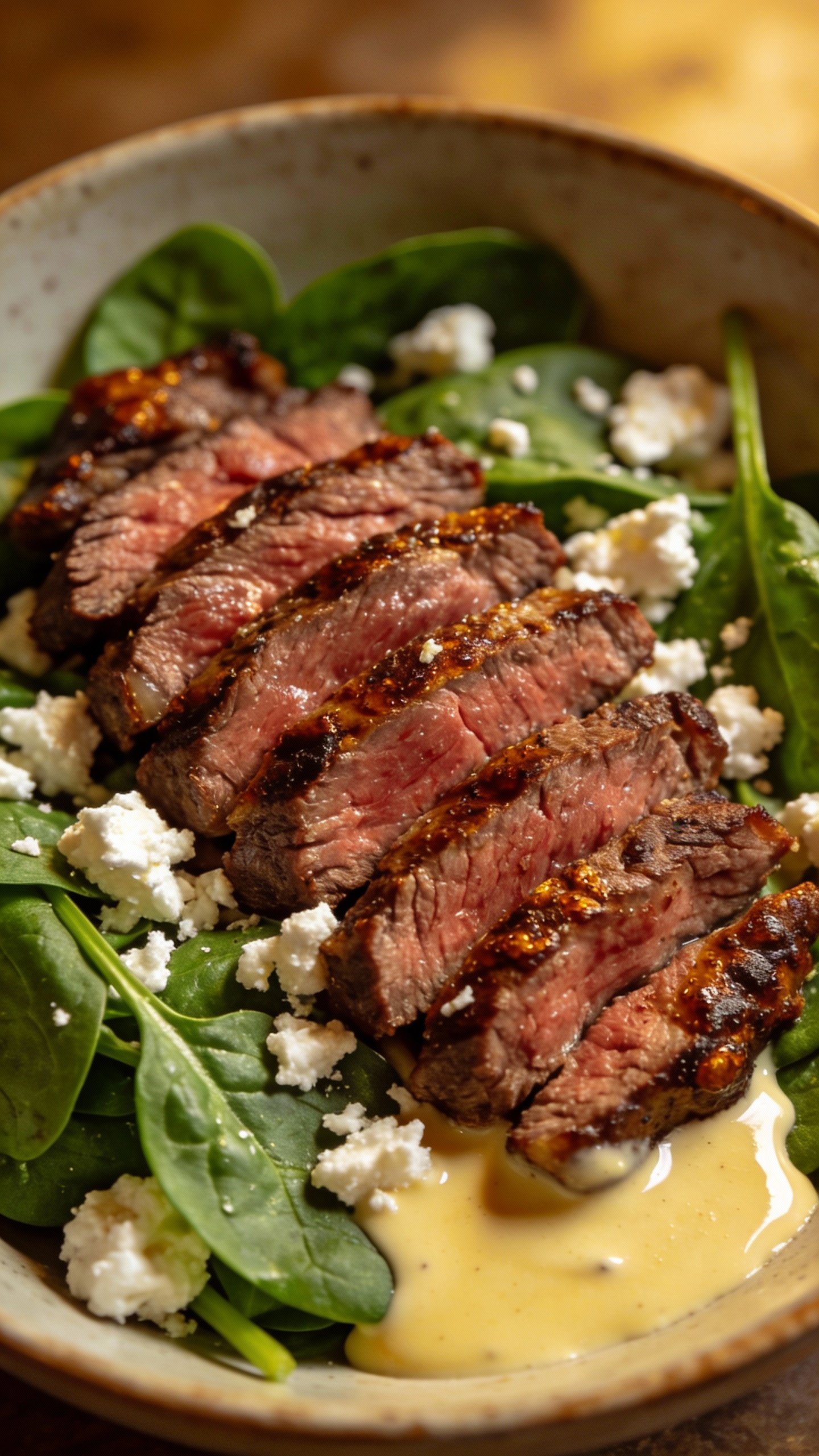 closeup steak keto bowl with baby spinach, feta, creamy dressing